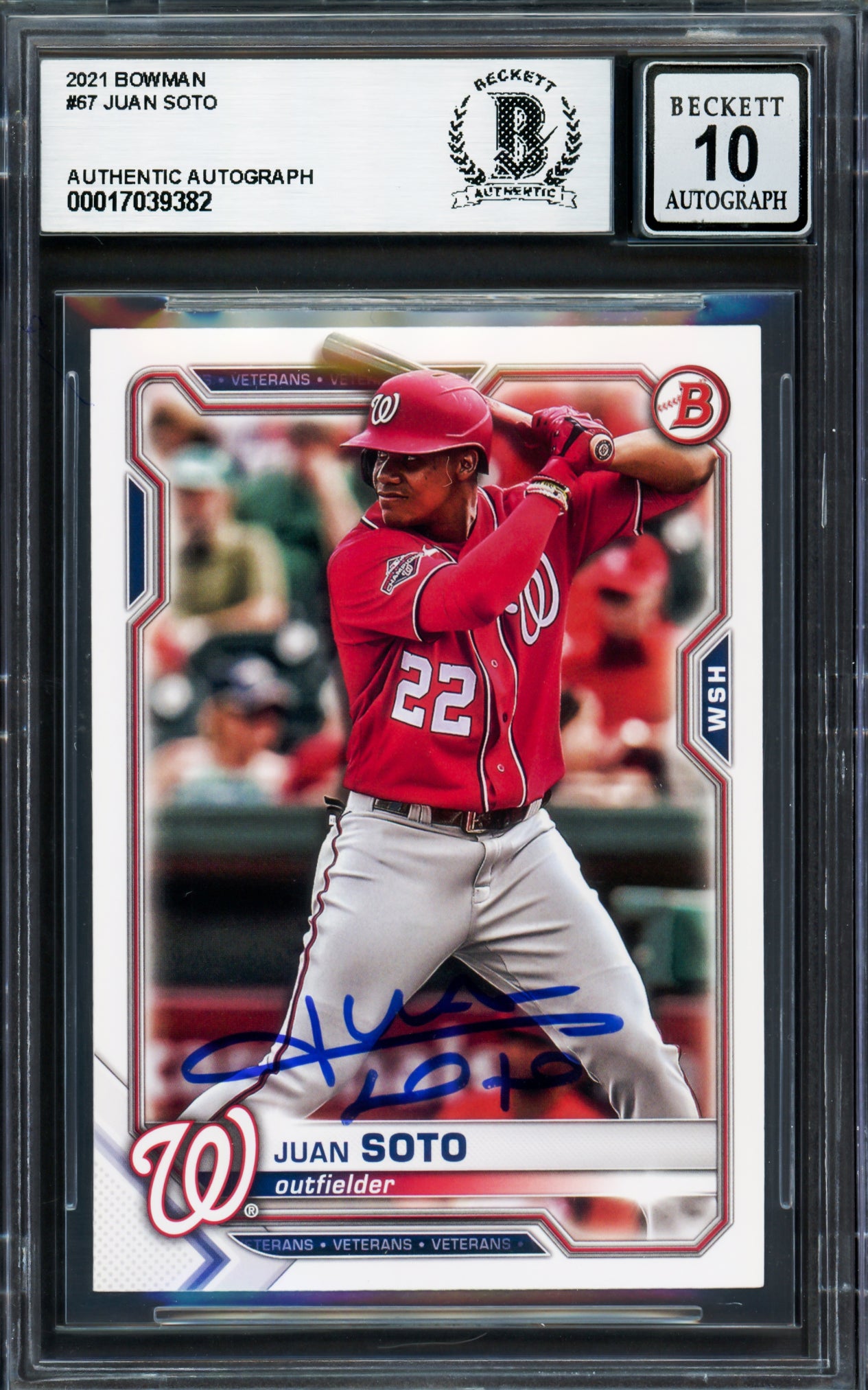 Juan Soto Autographed 2021 Bowman Card #67 New York Yankees Auto Grade Gem Mint 10 Beckett BAS Stock #233983