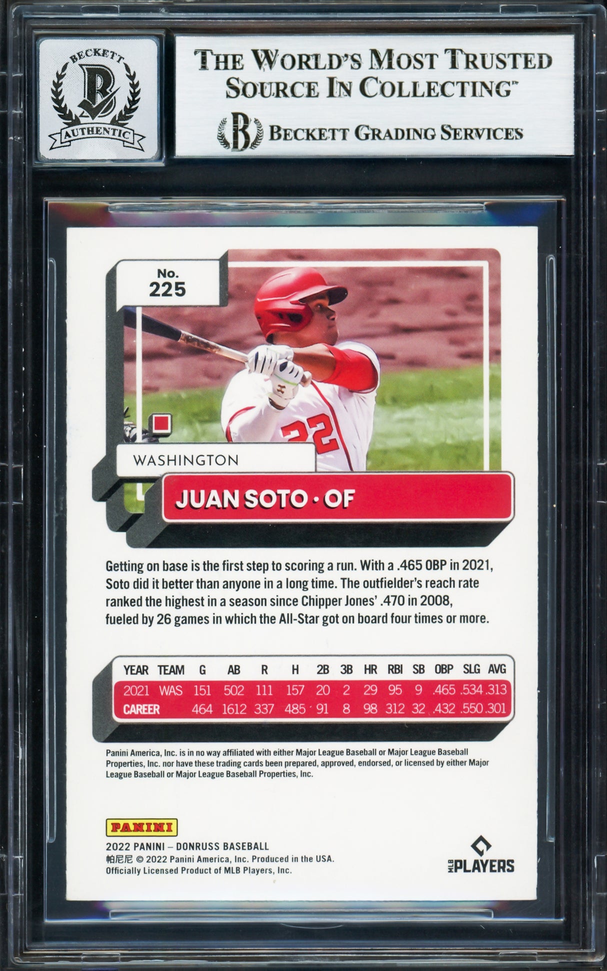 Juan Soto Autographed 2022 Donruss Card #225 New York Mets Auto Grade Gem Mint 10 Beckett BAS Stock #233985