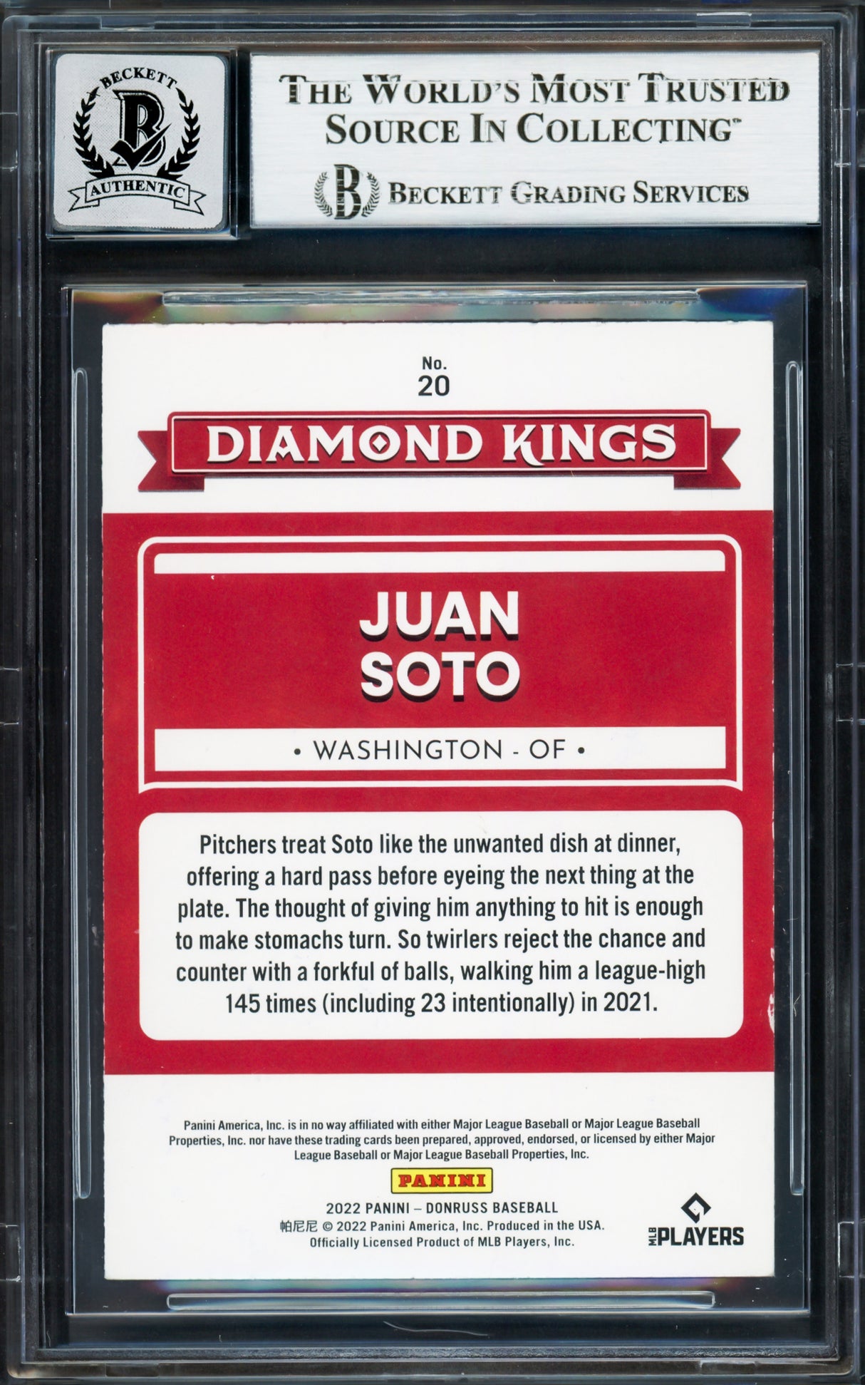 Juan Soto Autographed 2022 Donruss Diamond Kings Card #20 New York Mets Auto Grade Gem Mint 10 Beckett BAS Stock #233986