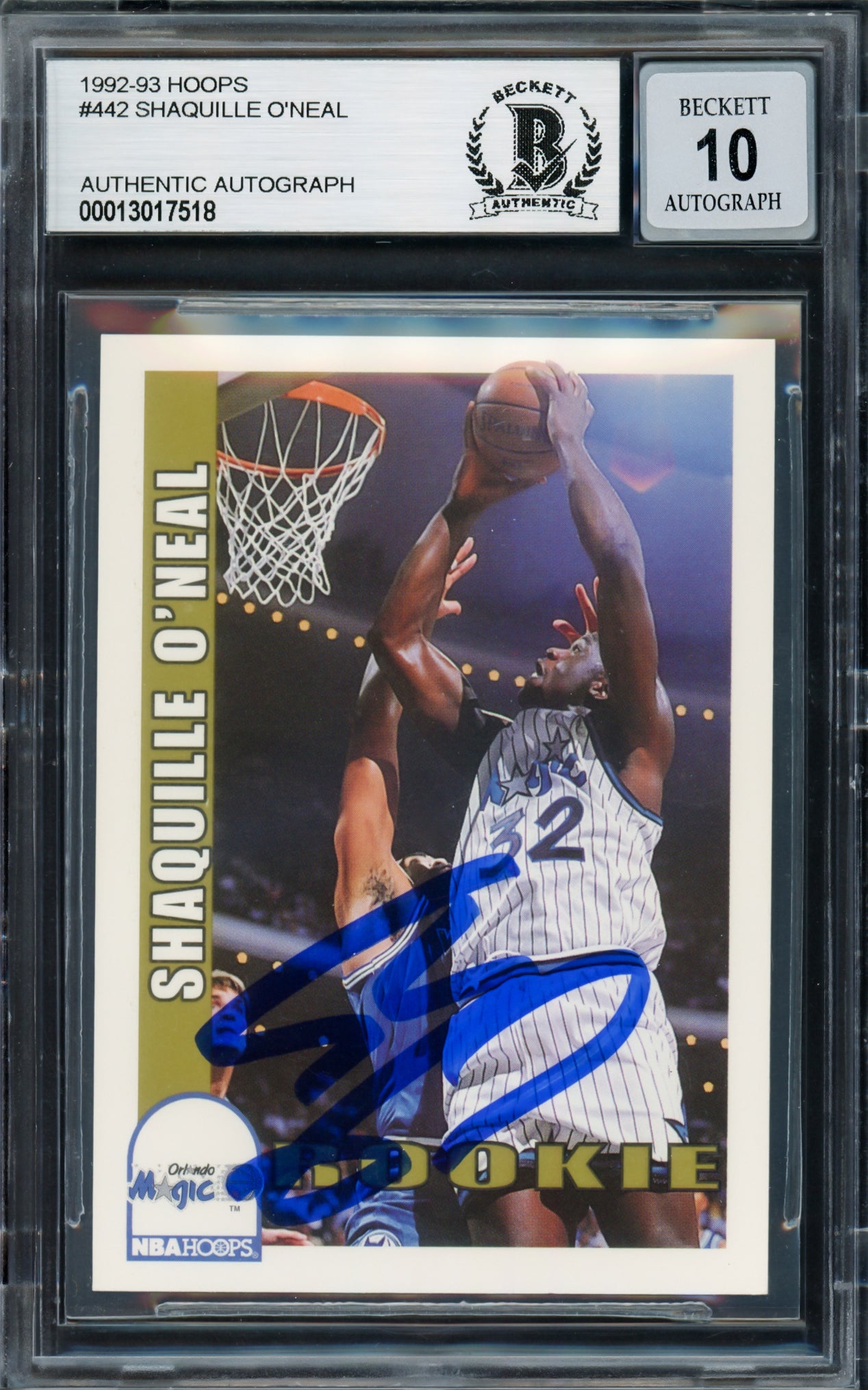 Shaquille O'Neal Autographed 1992-93 Hopps Rookie Card #442 Orlando Magic Auto Grade Gem Mint 10 Beckett BAS Stock #220146