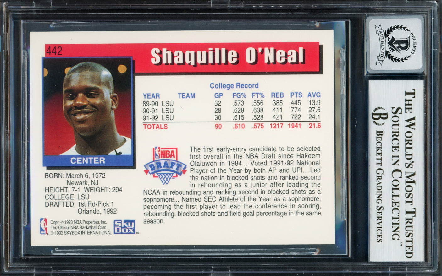 Shaquille O'Neal Autographed 1992-93 Hopps Rookie Card #442 Orlando Magic Auto Grade Gem Mint 10 Beckett BAS Stock #220146