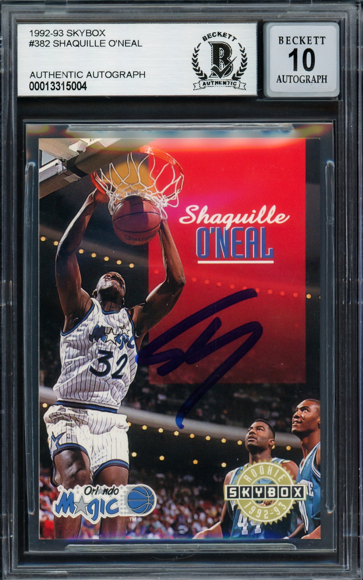 Shaquille O'Neal Autographed 1992-93 Skybox Rookie Card #382 Orlando Magic Auto Grade Gem Mint 10 Beckett BAS Stock #220147