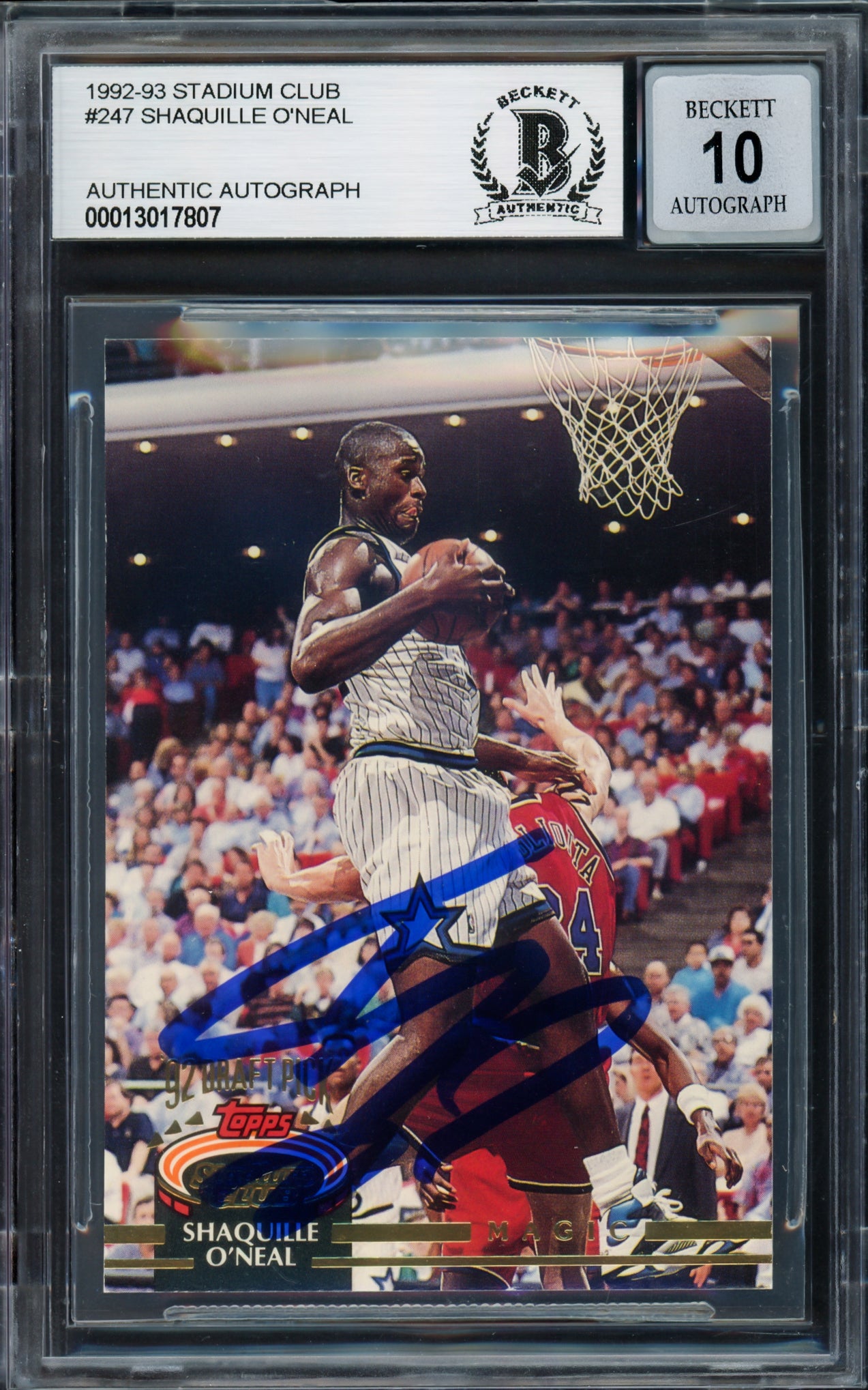 Shaquille O'Neal Autographed 1992-93 Stadium Club Rookie Card #247 Orlando Magic Auto Grade Gem Mint 10 Beckett BAS Stock #220148