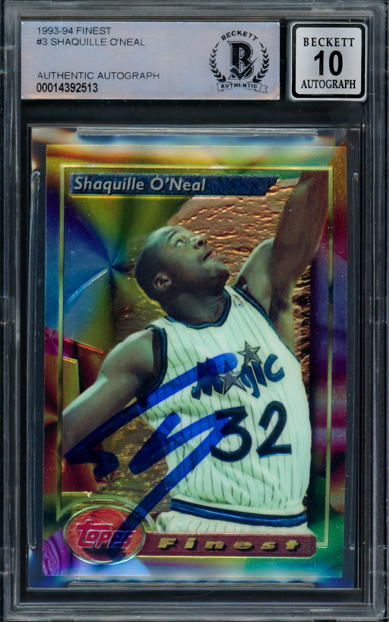 Shaquille O'Neal Autographed 1993-94 Finest Card #3 Orlando Magic Auto Grade Gem Mint 10 Beckett BAS Stock #220149