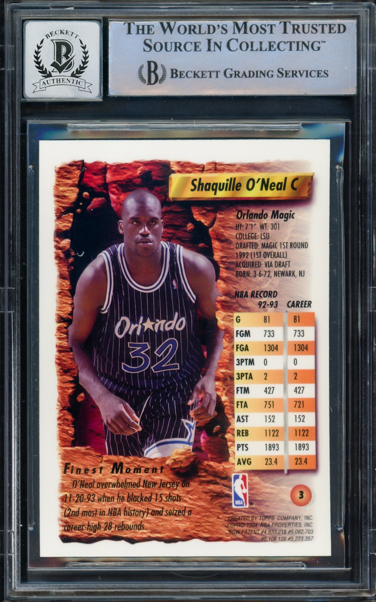 Shaquille O'Neal Autographed 1993-94 Finest Card #3 Orlando Magic Auto Grade Gem Mint 10 Beckett BAS Stock #220149