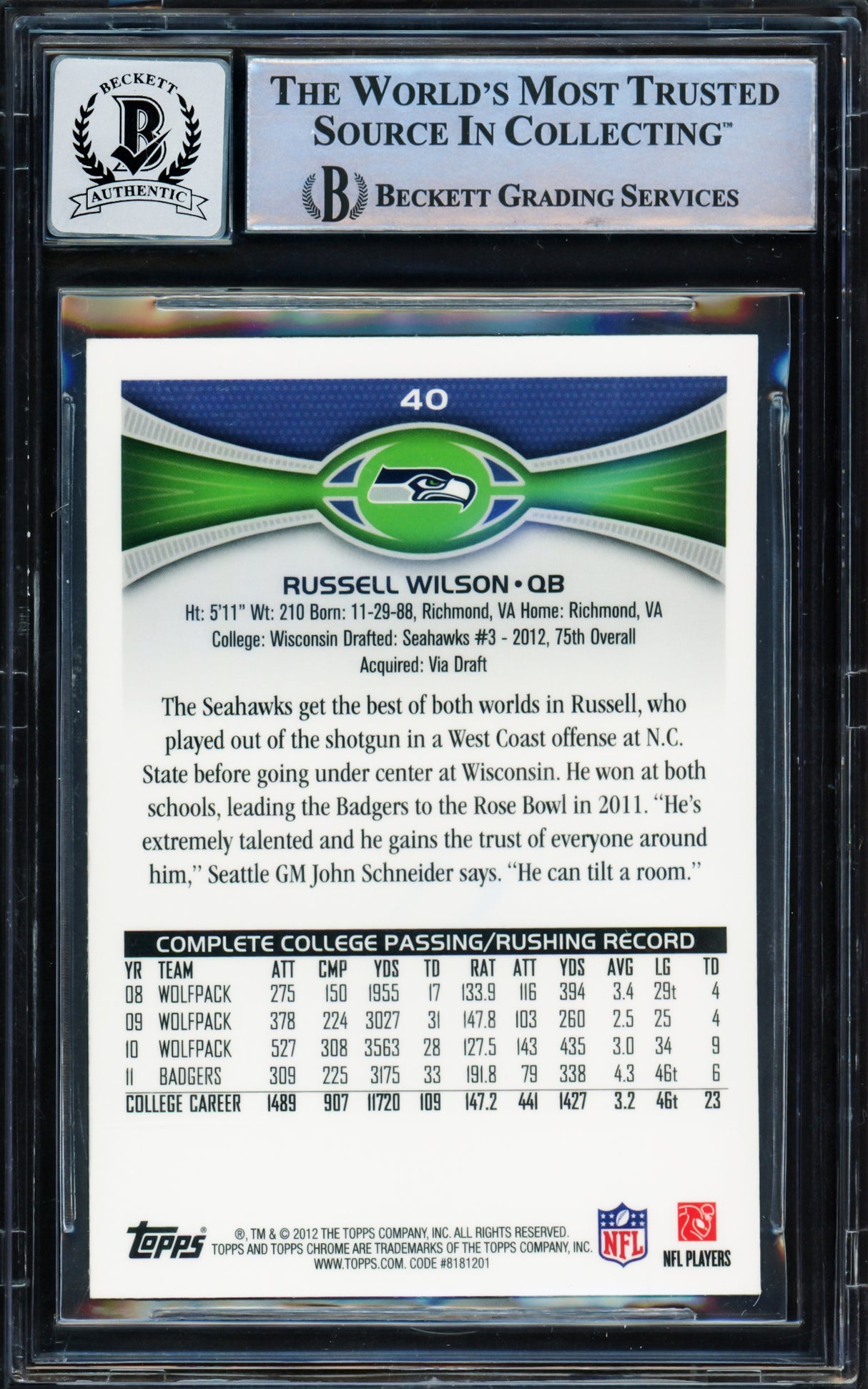 Russell Wilson Autographed 2012 Topps Chrome Rookie Card #40A Seattle Seahawks Auto Grade Gem Mint 10 Beckett BAS Stock #220151