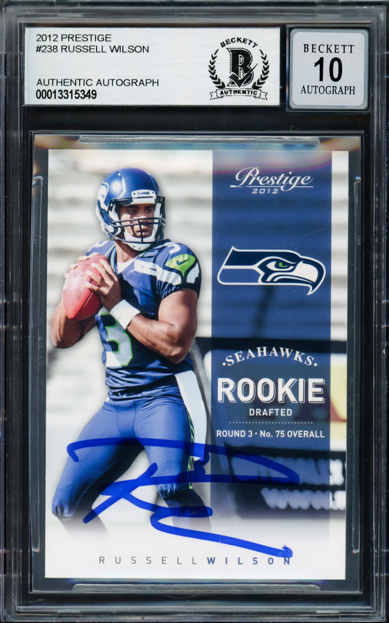 Russell Wilson Autographed 2012 Panini Prestige Rookie Card #238 Seattle Seahawks Auto Grade Gem Mint 10 Beckett BAS Stock #220156