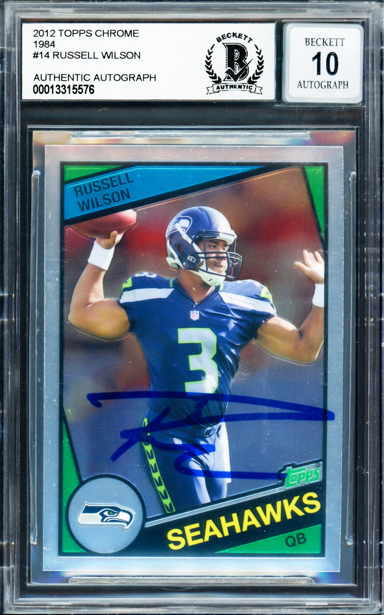 Russell Wilson Autographed 2012 Topps Chrome 1984 Rookie Card #14 Seattle Seahawks Auto Grade Gem Mint 10 Beckett BAS Stock #220157