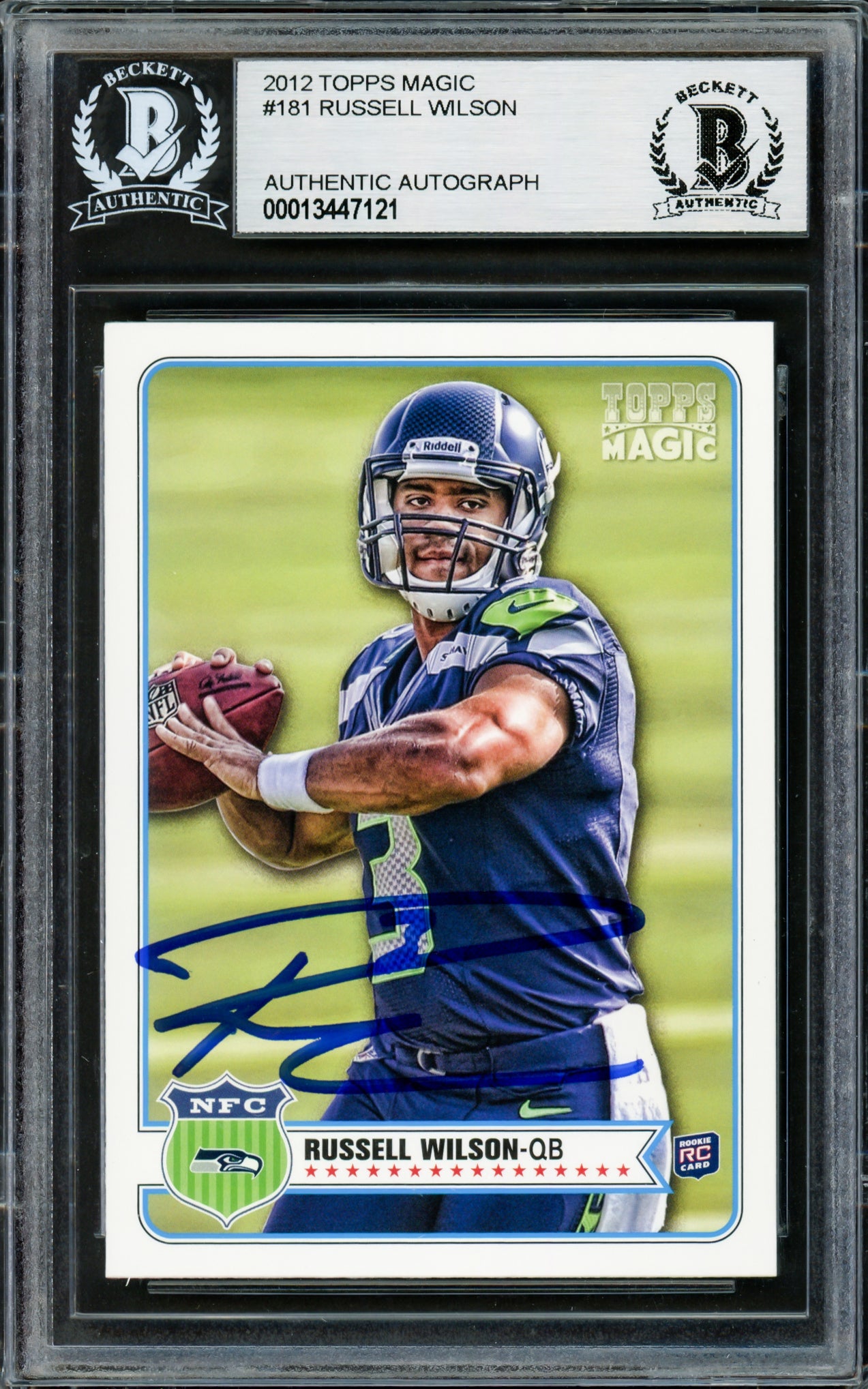 Russell Wilson Autographed 2012 Topps Magic Rookie Card #181 Seattle Seahawks Beckett BAS Stock #220160