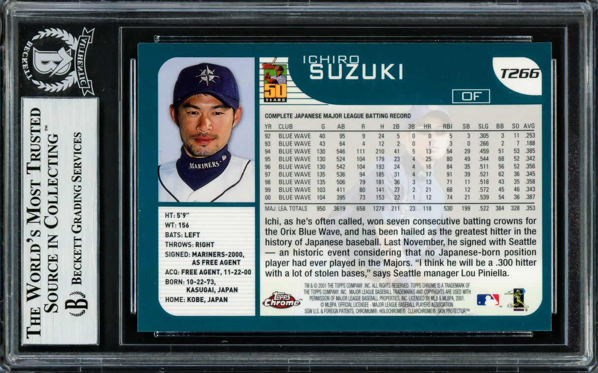Ichiro Suzuki Autographed 2001 Topps Chrome Traded Rookie Card #T266 Seattle Mariners Beckett BAS Stock #220240