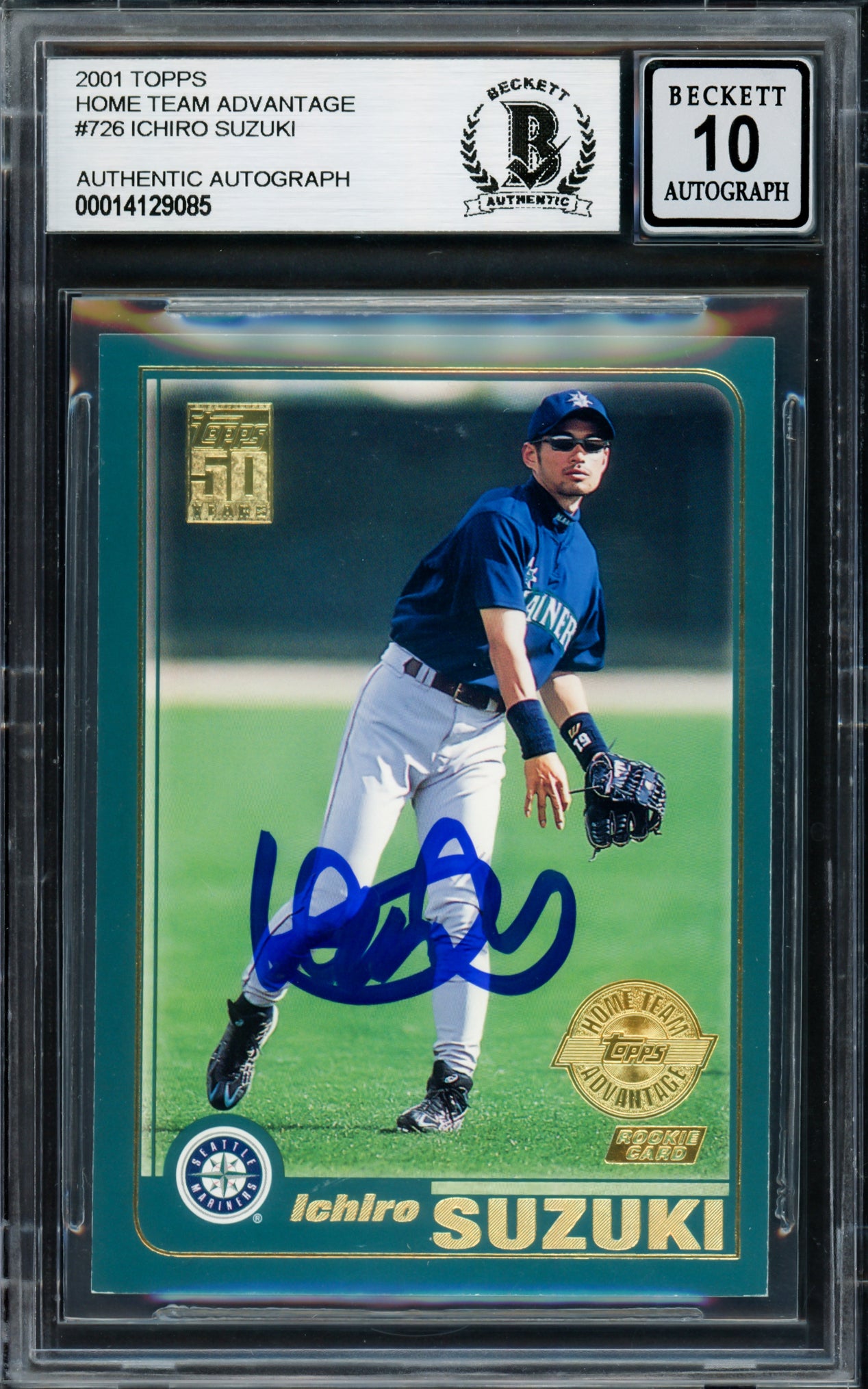 Ichiro Suzuki Autographed 2001 Topps Home Team Advantage Rookie Card #726 Seattle Mariners Auto Grade Gem Mint 10 Beckett BAS Stock #220241