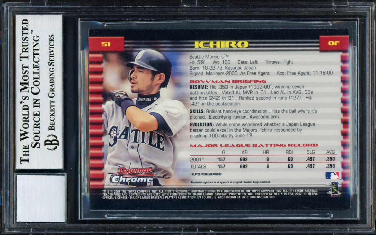 Ichiro Suzuki Autographed 2002 Bowman Chrome Card #51 Seattle Mariners Auto Grade Gem Mint 10 Beckett BAS Stock #220246