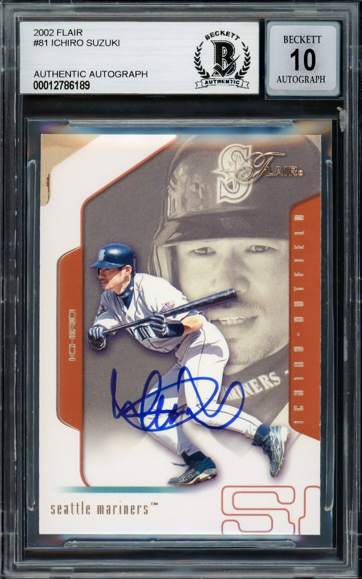 Ichiro Suzuki Autographed 2002 Fleer Flair Card #81 Seattle Mariners Auto Grade Gem Mint 10 Beckett BAS Stock #220249