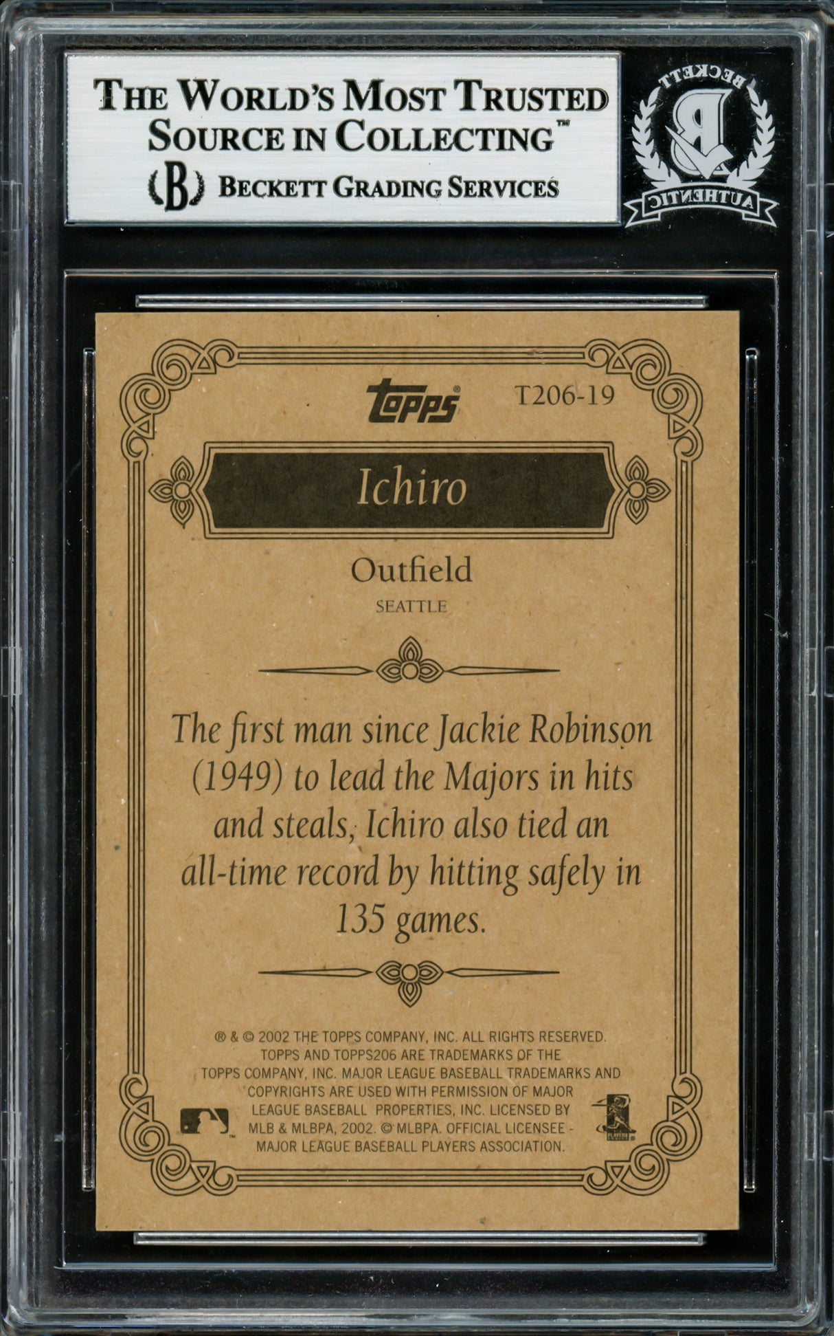 Ichiro Suzuki Autographed 2002 Topps 206 Card #T206-19 Seattle Mariners Beckett BAS Stock #220253