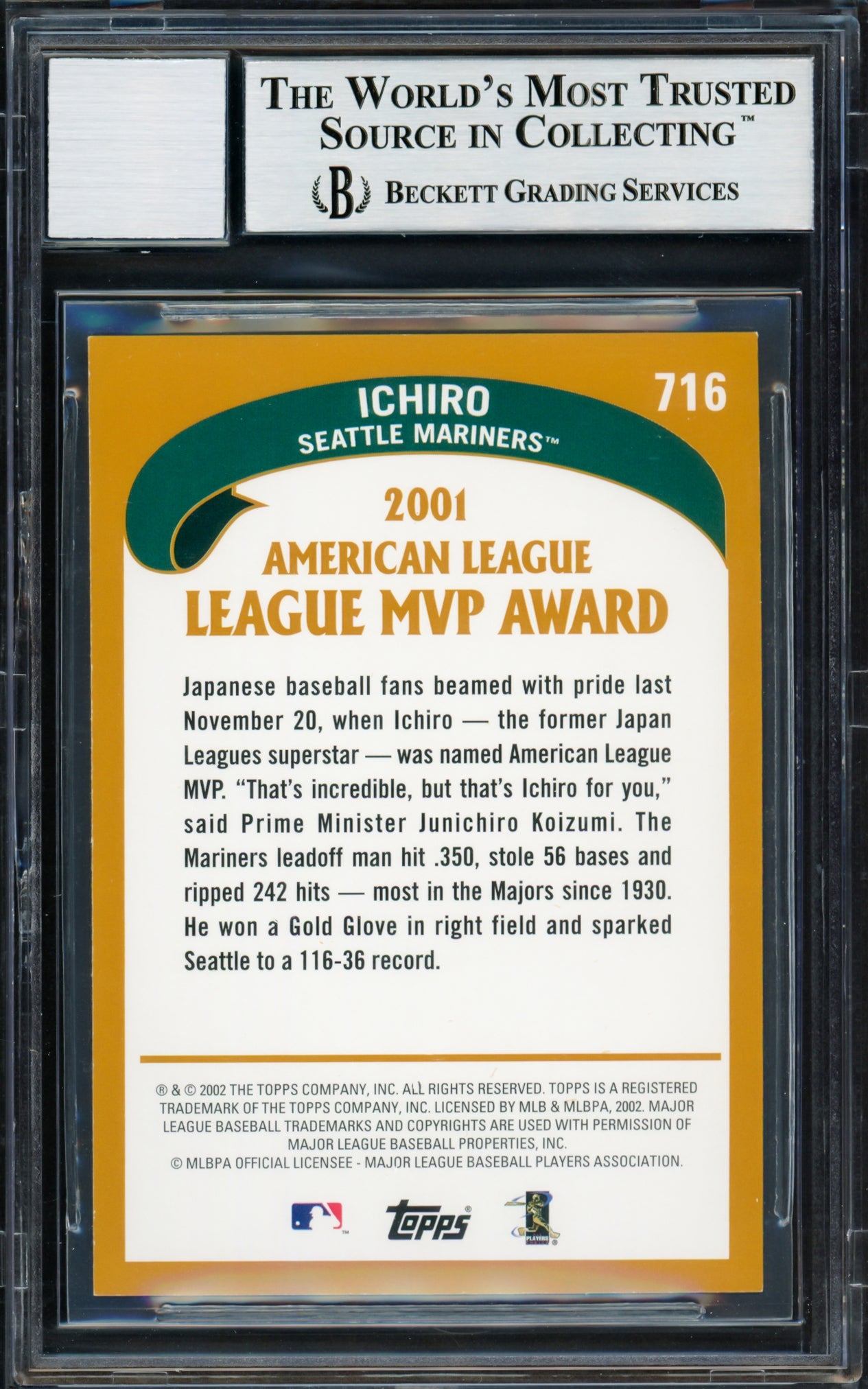 Ichiro Suzuki Autographed 2002 Topps Card #716 Seattle Mariners Auto Grade Gem Mint 10 Beckett BAS Stock #220254