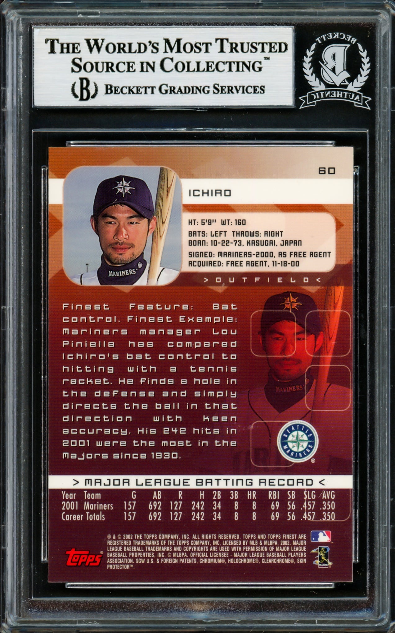 Ichiro Suzuki Autographed 2002 Topps Finest Card #60 Seattle Mariners Beckett BAS Stock #220255