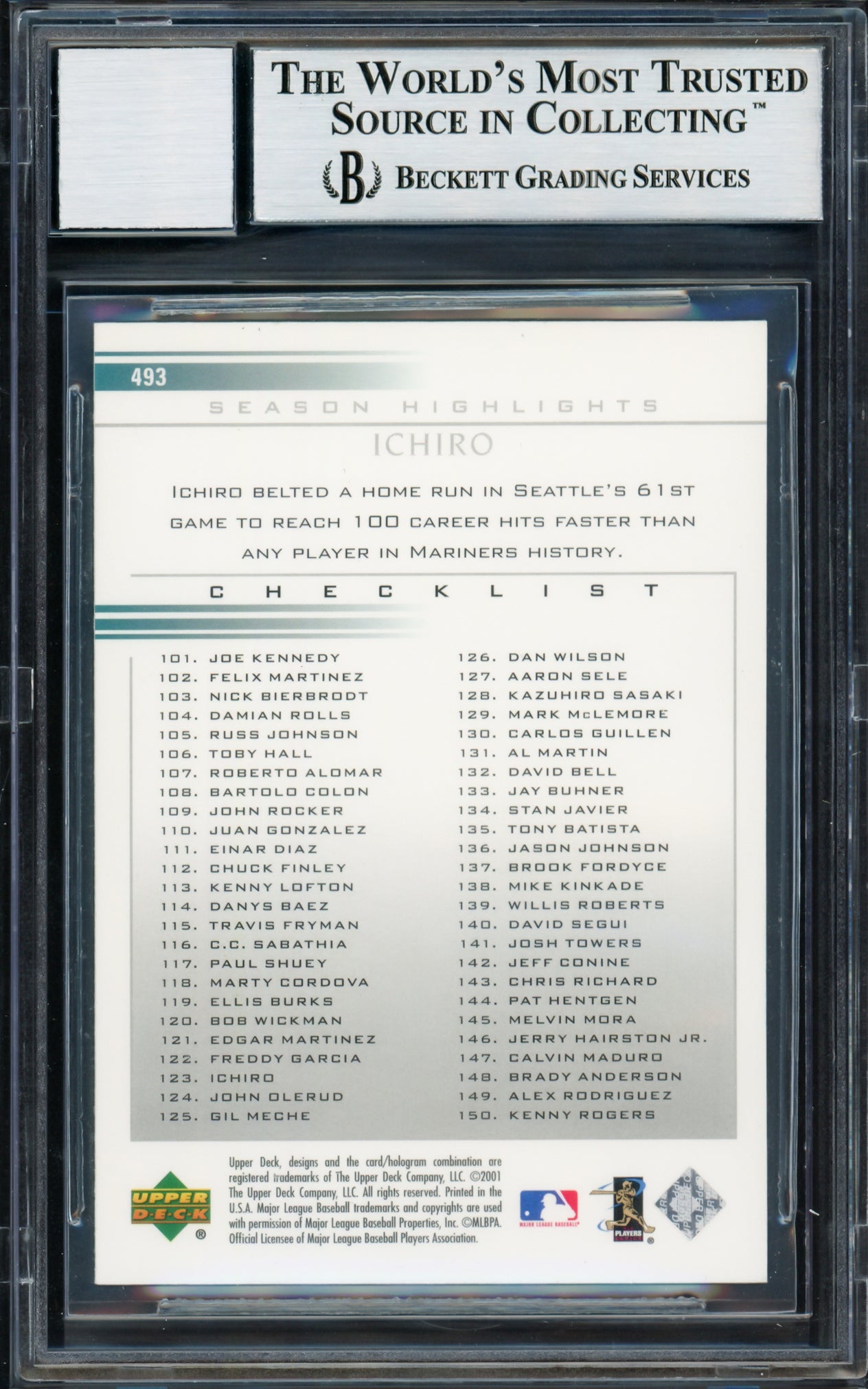 Ichiro Suzuki Autographed 2002 Upper Deck Card #493 Seattle Mariners Auto Grade Gem Mint 10 Beckett BAS Stock #220256