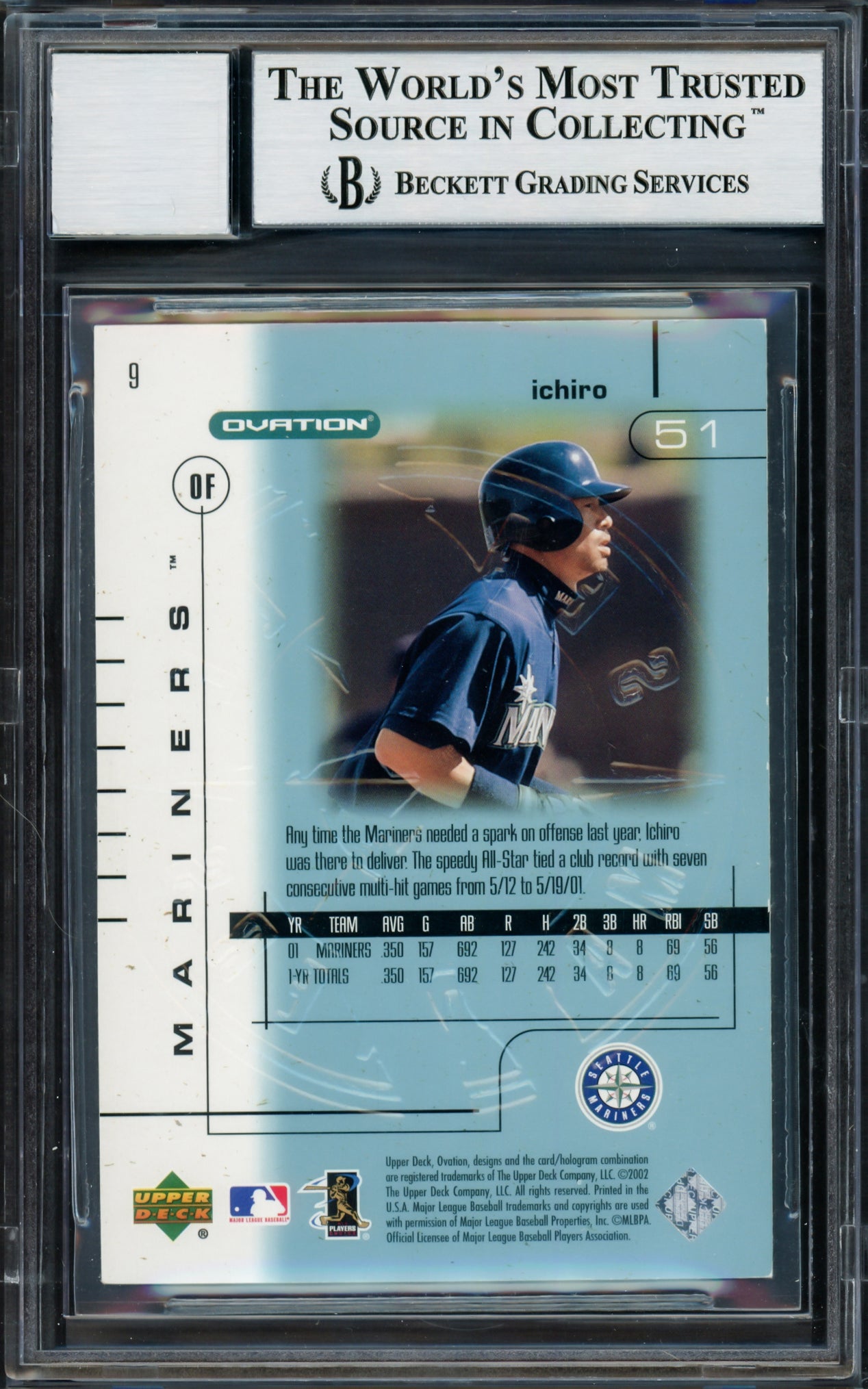 Ichiro Suzuki Autographed 2002 Upper Deck Ovation Card #9 Seattle Mariners Auto Grade Gem Mint 10 Beckett BAS Stock #220257