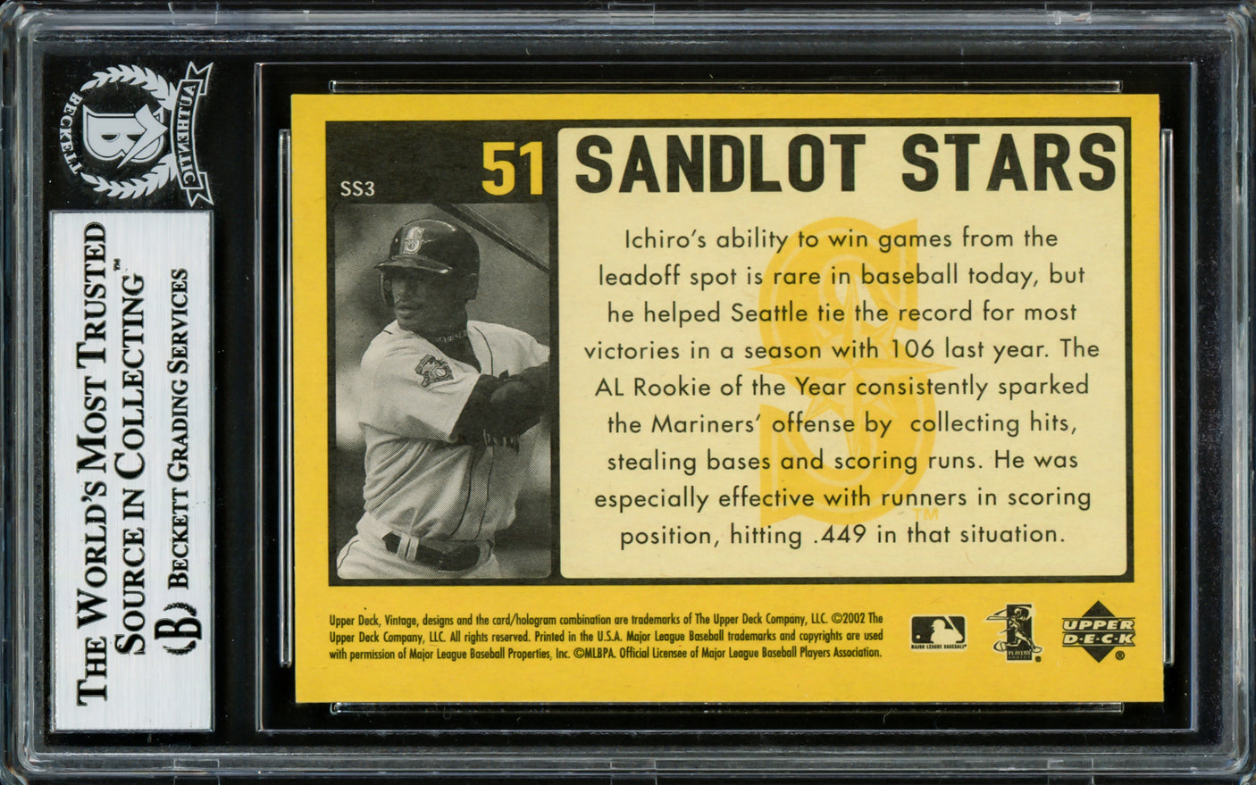 Ichiro Suzuki Autographed 2002 Upper Deck Vintage Sandlot Stars Card #SS3 Seattle Mariners Beckett BAS Stock #220258