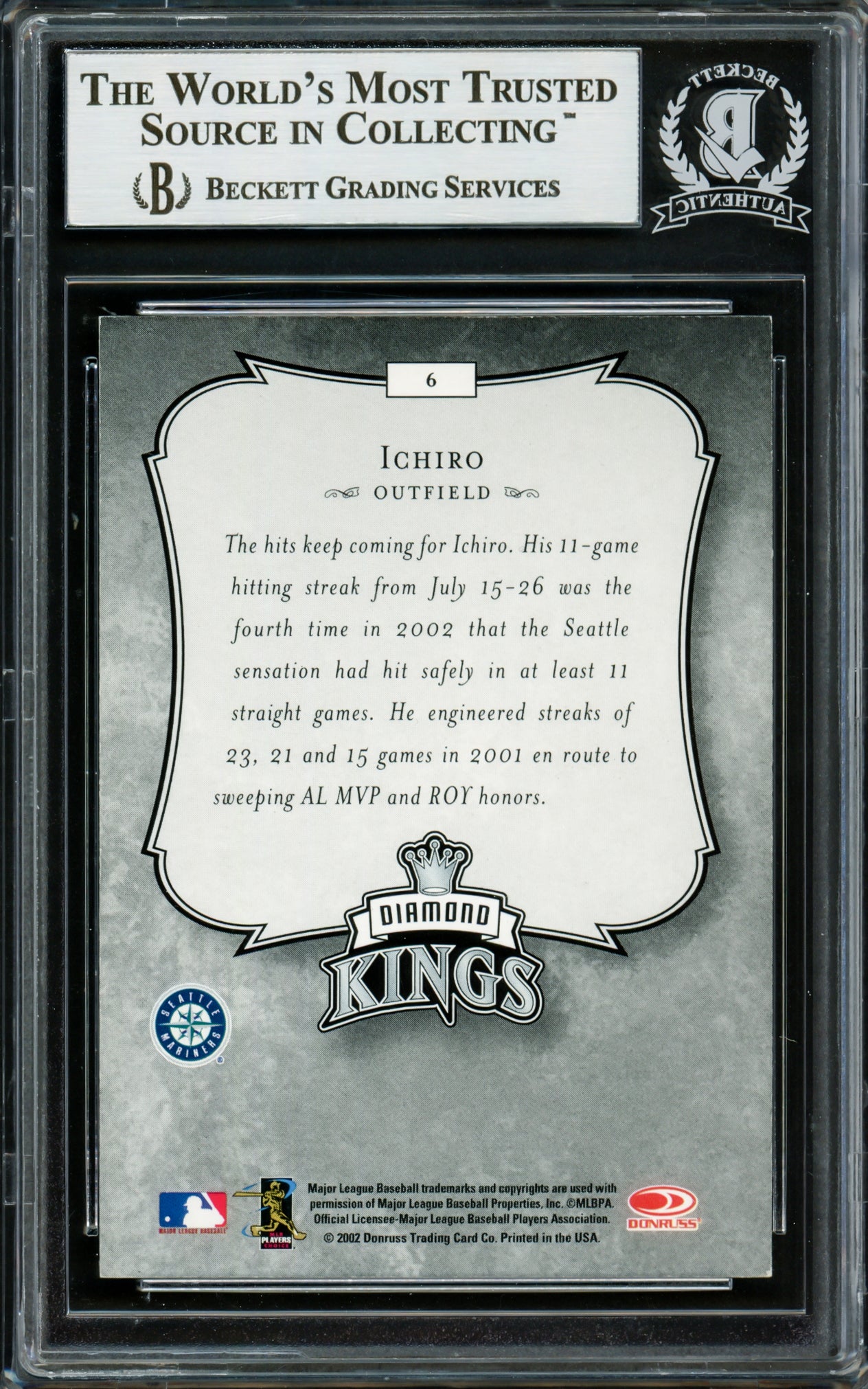 Ichiro Suzuki Autographed 2003 Donruss Diamond Kings Card #6 Seattle Mariners Beckett BAS Stock #220260