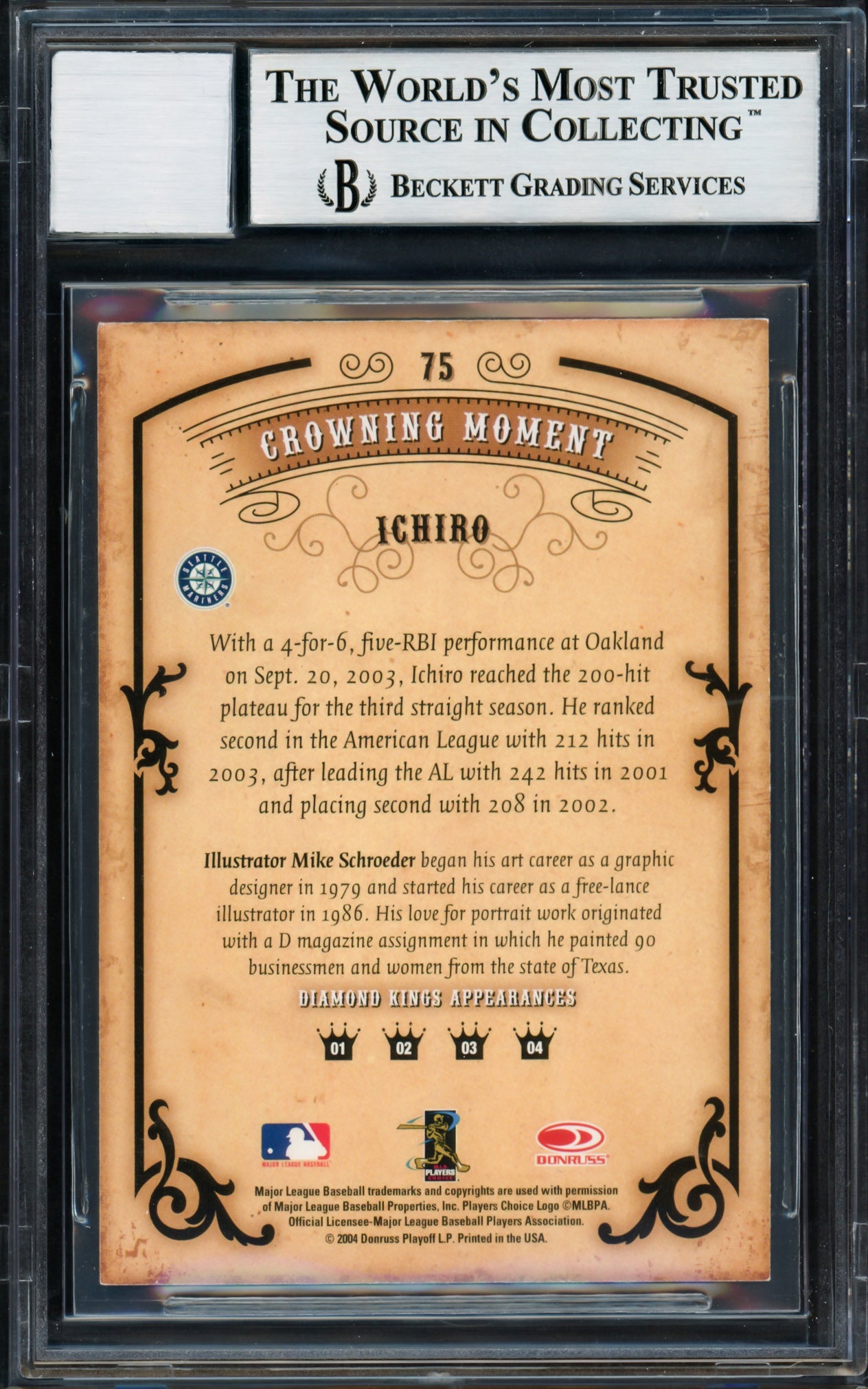 Ichiro Suzuki Autographed 2004 Donruss Diamond Kings Card #75 Seattle Mariners Auto Grade Gem Mint 10 Beckett BAS Stock #220264