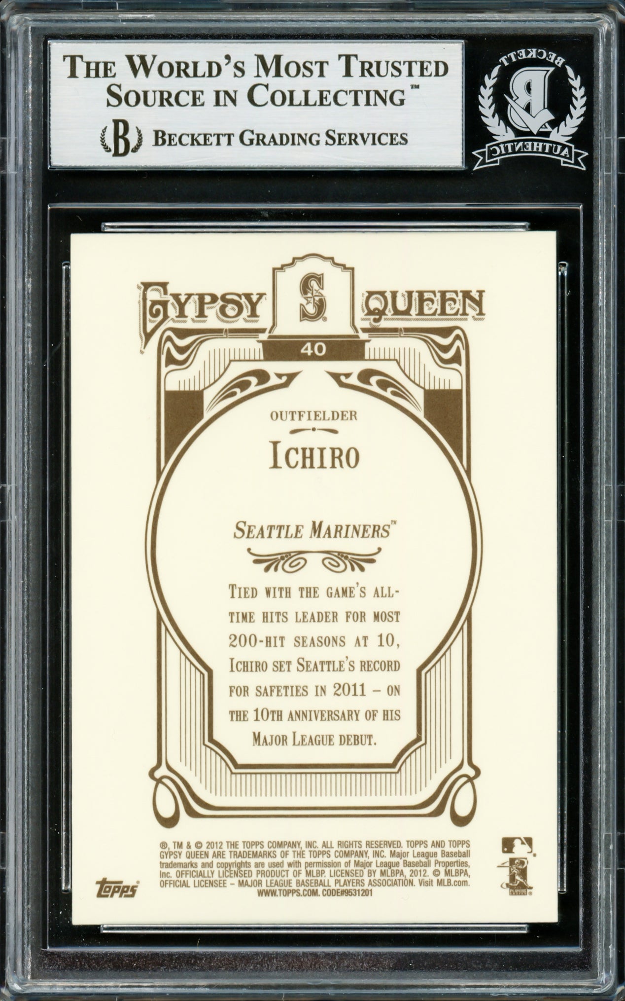 Ichiro Suzuki Autographed 2012 Topps Gypsy Queen Card #40 Seattle Mariners Beckett BAS Stock #220277
