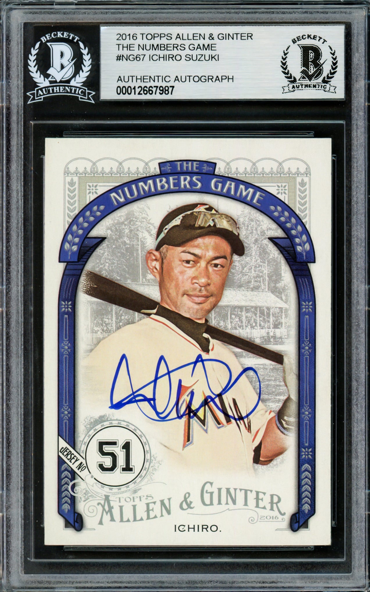 Ichiro Suzuki Autographed 2016 Topps Allen & Ginter The Numbers Game Card #NG-67 Seattle Mariners Beckett BAS Stock #220279
