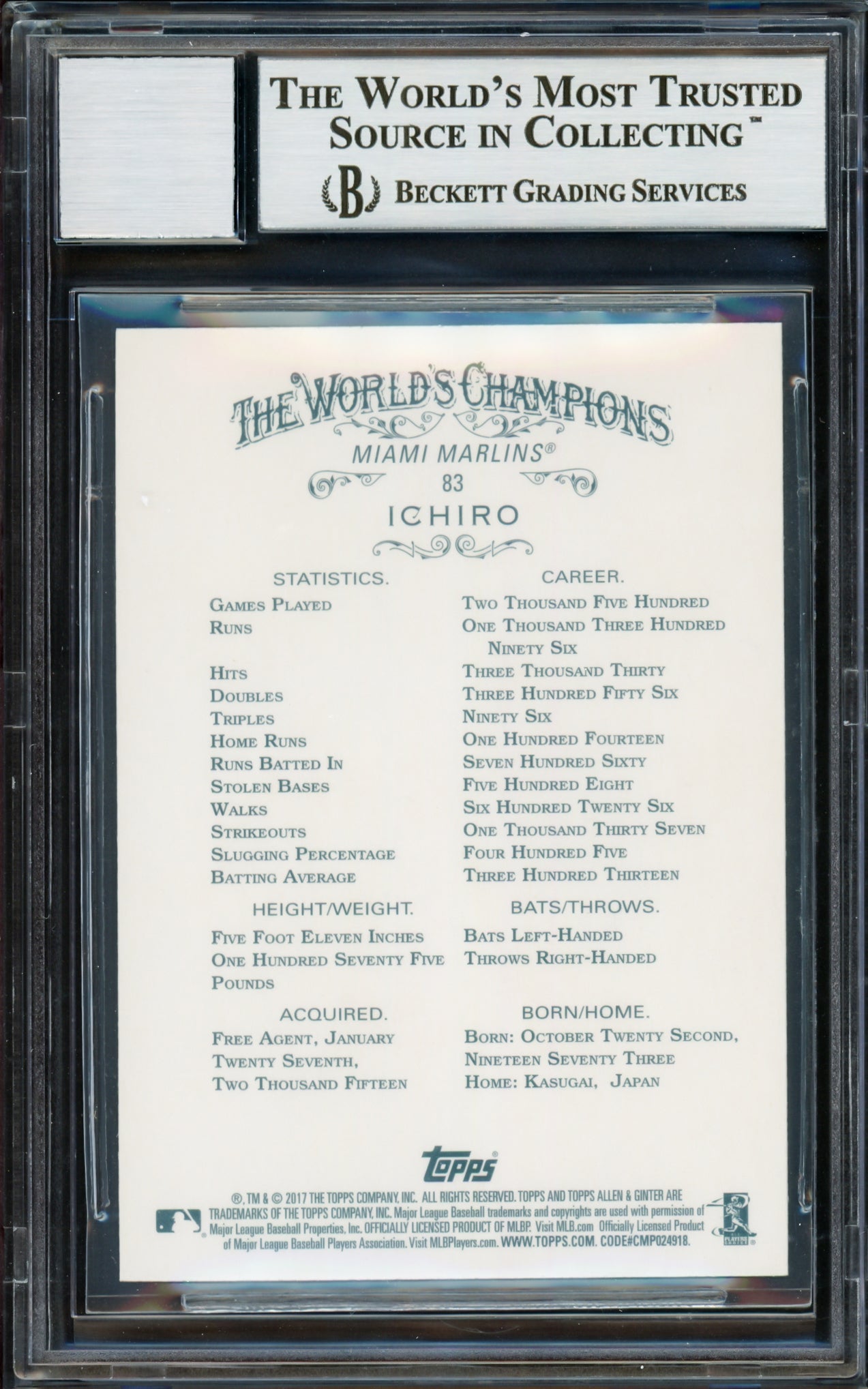 Ichiro Suzuki Autographed 2017 Topps Allen & Ginter Foil Card #83 Seattle Mariners Auto Grade Gem Mint 10 Beckett BAS Stock #220283