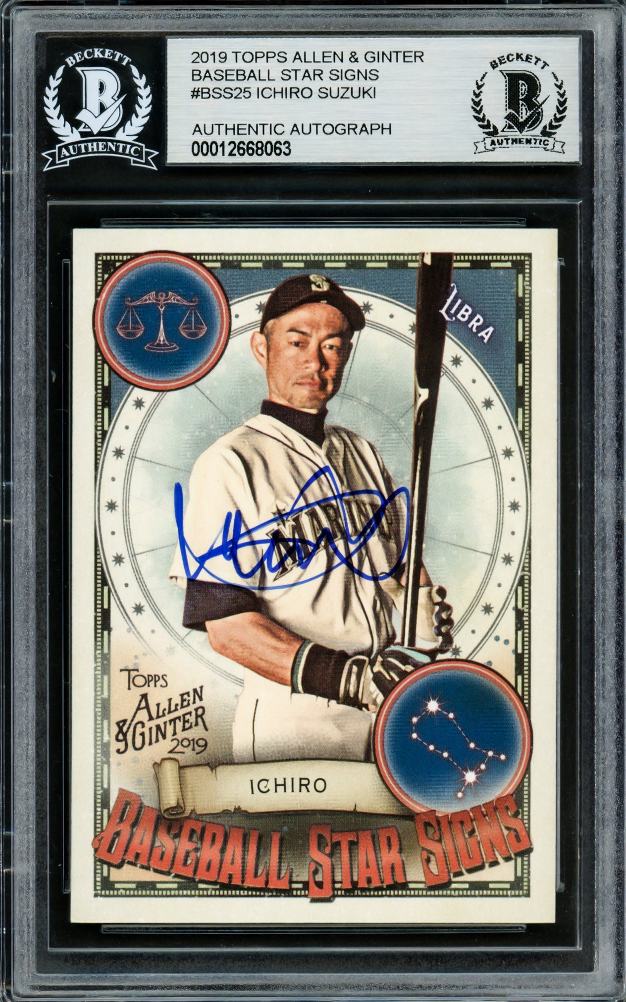 Ichiro Suzuki Autographed 2019 Topps Allen & Ginter Baseball Star Signs Card #BSS-25 Seattle Mariners Beckett BAS Stock #220288