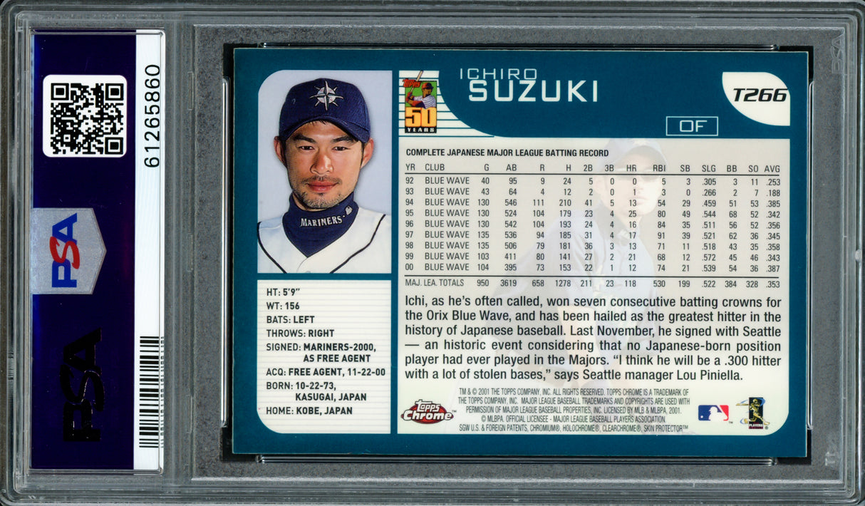 Ichiro Suzuki Autographed 2001 Topps Chrome Traded Rookie Card #T266 Seattle Mariners PSA/DNA Stock #220343