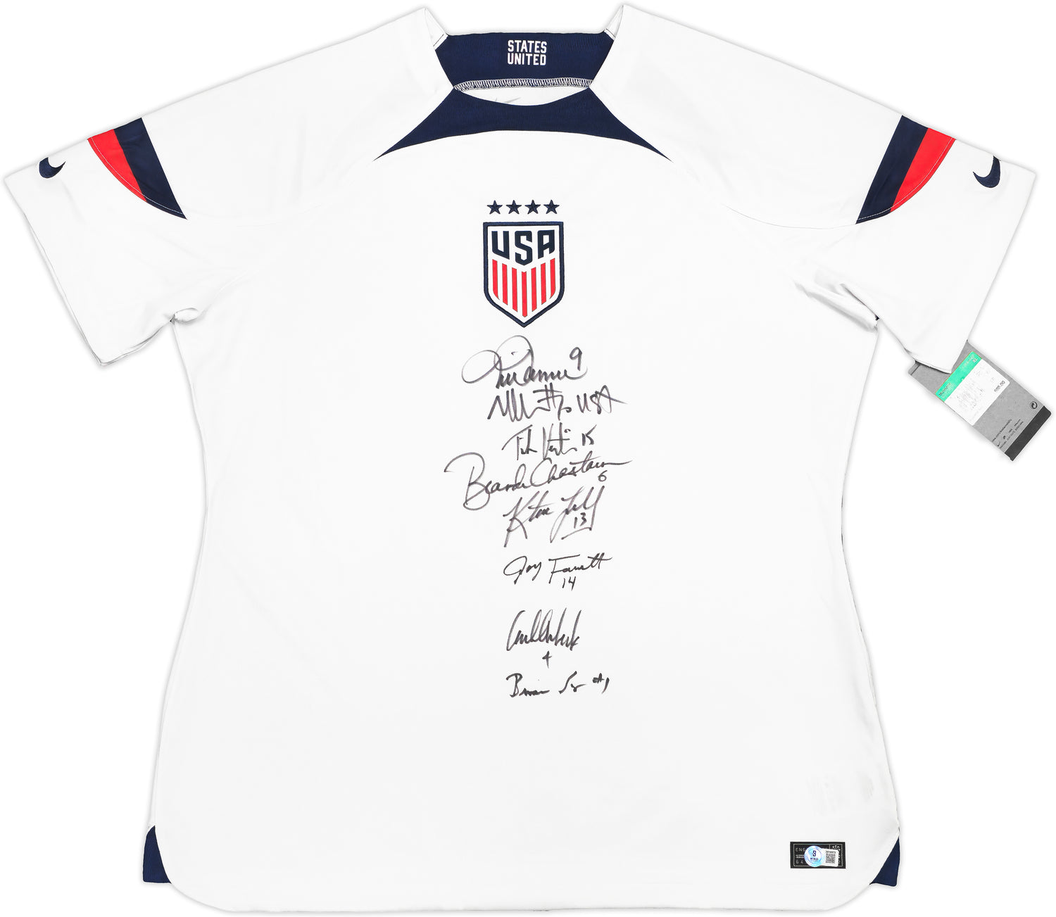 1999 Team USA Women's Soccer World Cup Champions Team Autographed White Nike Jersey Size XL With 8 Total Signatures Including Mia Hamm & Brandi Chastain Beckett BAS Witness Stock #233781
