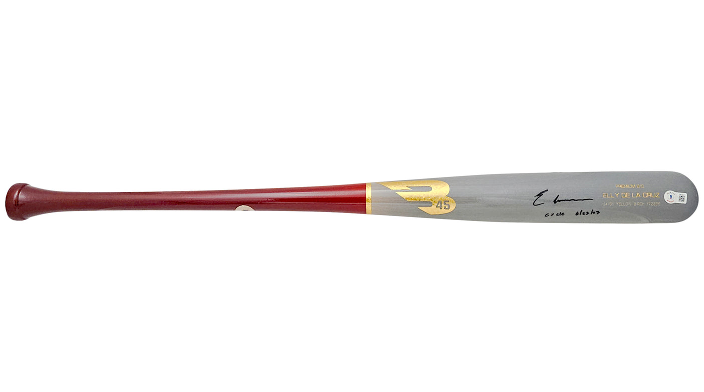 Elly De La Cruz Autographed Gray B45 Player Model Bat Cincinnati Reds "Cycle 6/23/23" Beckett BAS Witness Stock #220221
