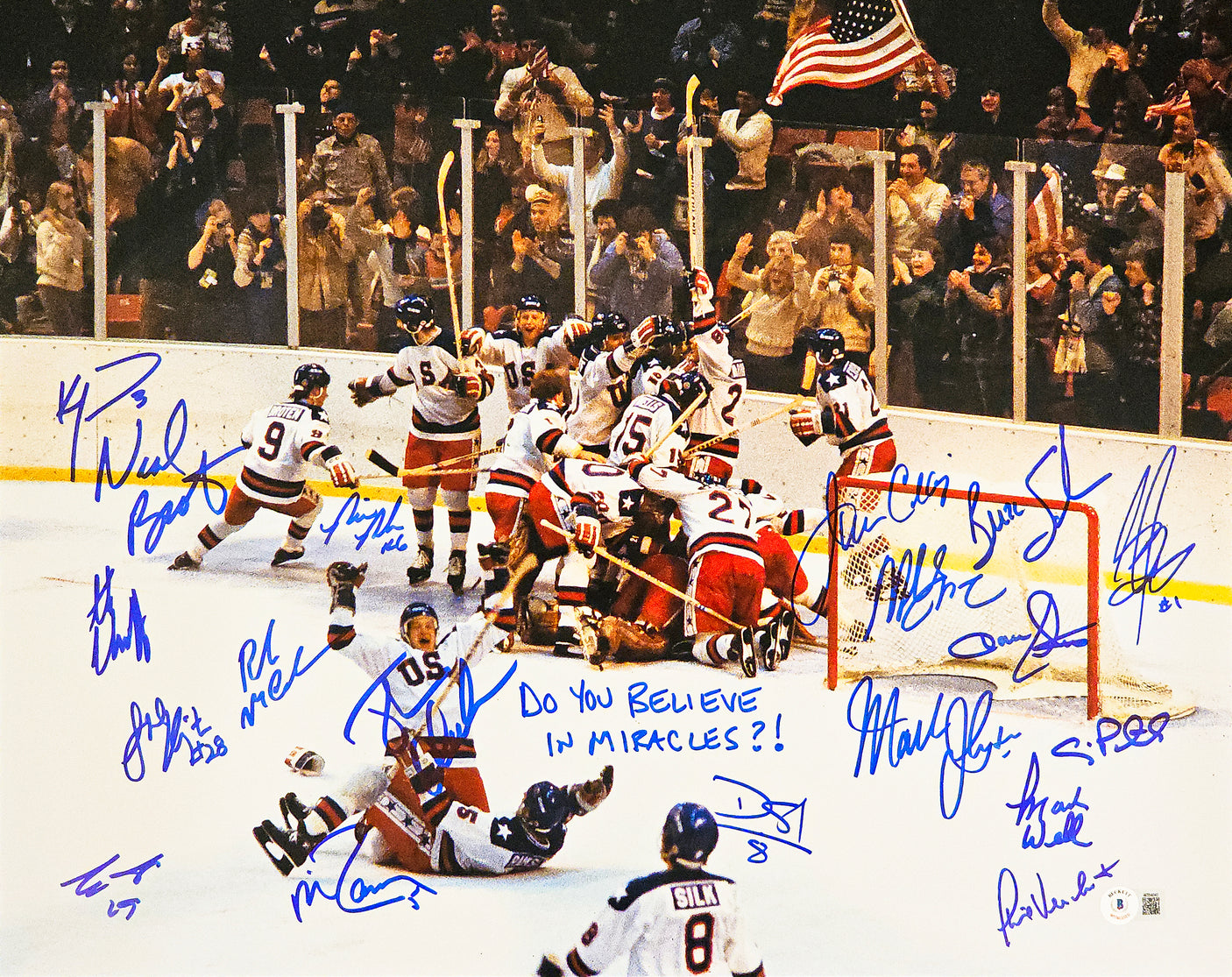 1980 USA Olympics Hockey Miracle On Ice Team Signed Autographed 16x20 Photo "Do You Believe In Miracles?!" With 19 Signatures Including Jim Craig & Mike Eruzione Beckett BAS Witness Stock #220106