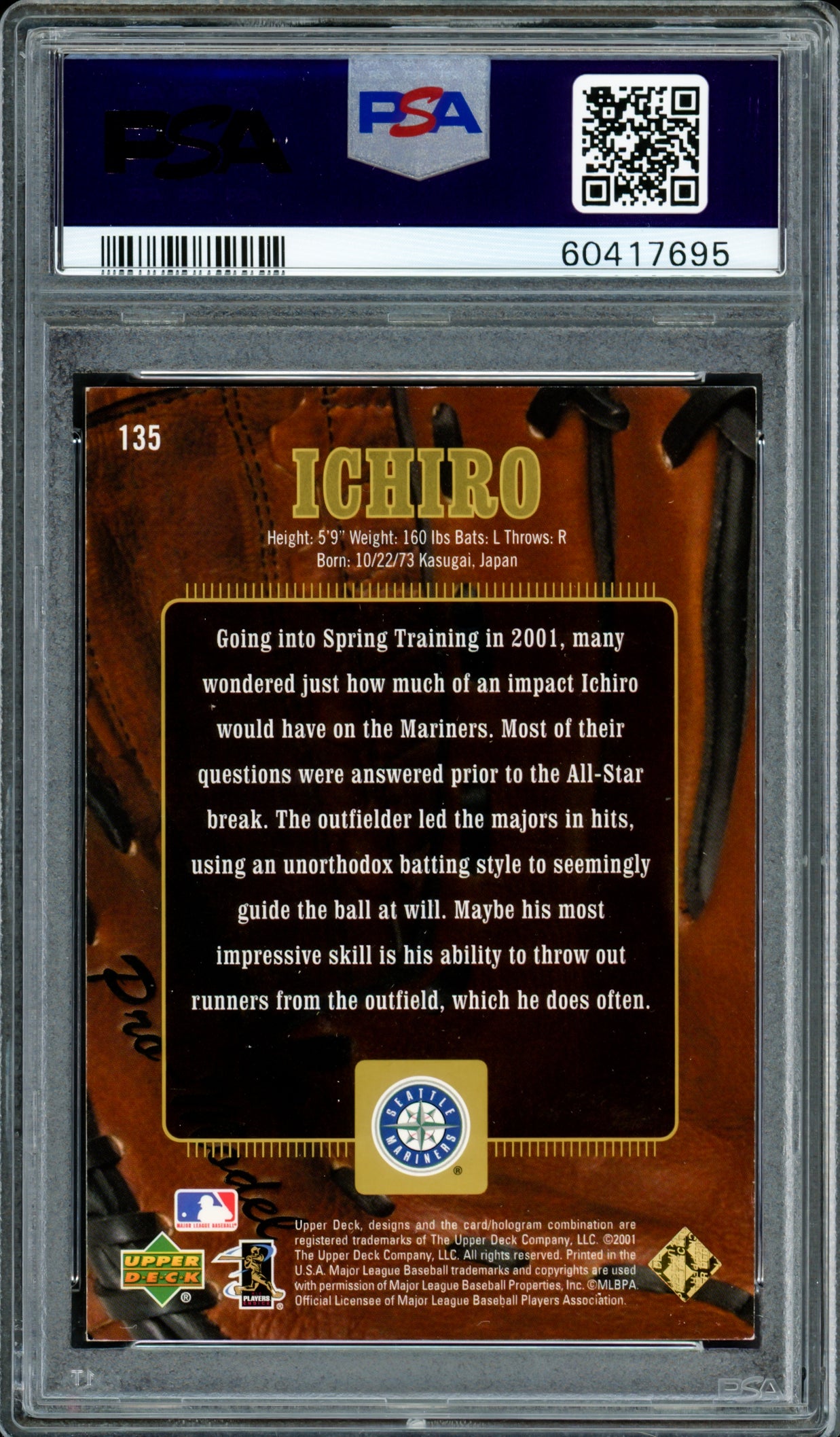 Ichiro Suzuki Autographed 2001 UD Gold Glove Rookie Card #135 Seattle Mariners Auto Grade Gem Mint 10 "01 ROY/MVP" #354/500 PSA/DNA #60417695