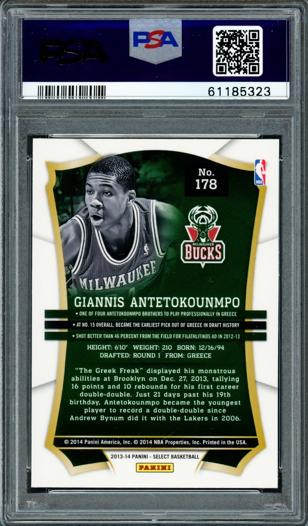 Giannis Antetokounmpo Autographed 2013 Panini Select Rookie Card #178 Milwaukee Bucks PSA 8 Auto Grade Gem Mint 10 "Greek Freak" PSA/DNA #61185323