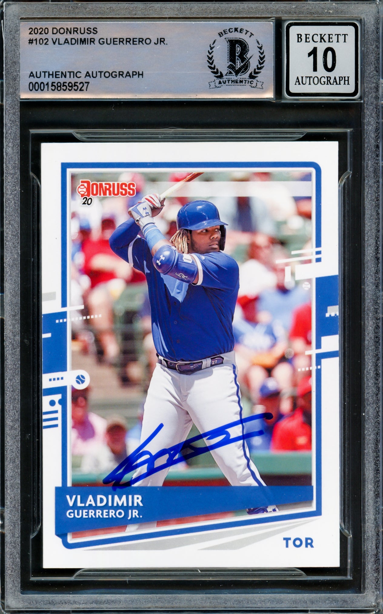 Vladimir Guerrero Jr. Autographed 2020 Donruss Card #102 Toronto Blue Jays Auto Grade Gem Mint 10 Hitting Beckett BAS #15859527