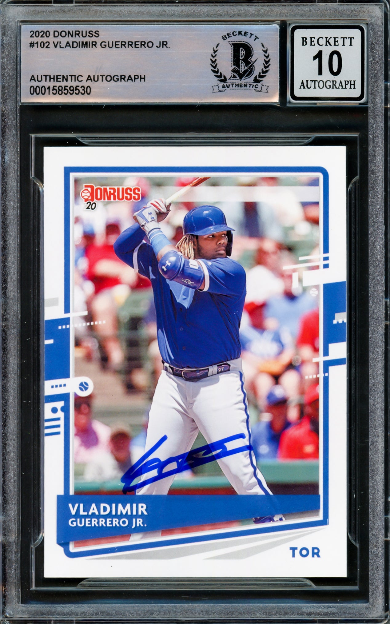 Vladimir Guerrero Jr. Autographed 2020 Donruss Card #102 Toronto Blue Jays Auto Grade Gem Mint 10 Hitting Beckett BAS #15859530