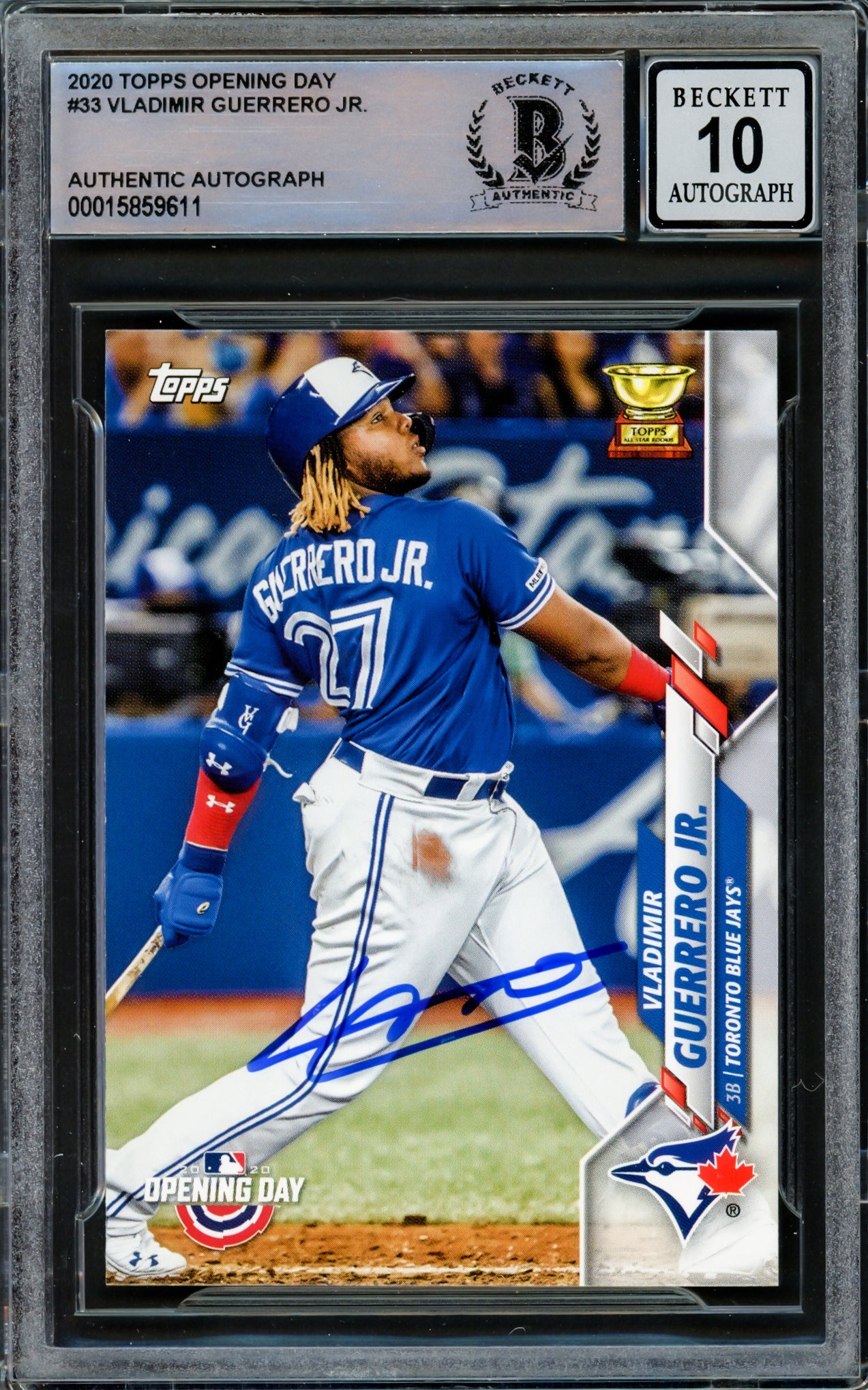Vladimir Guerrero Jr. Autographed 2020 Topps Opening Day Card #33 Toronto Blue Jays Auto Grade Gem Mint 10 Beckett BAS #15859611