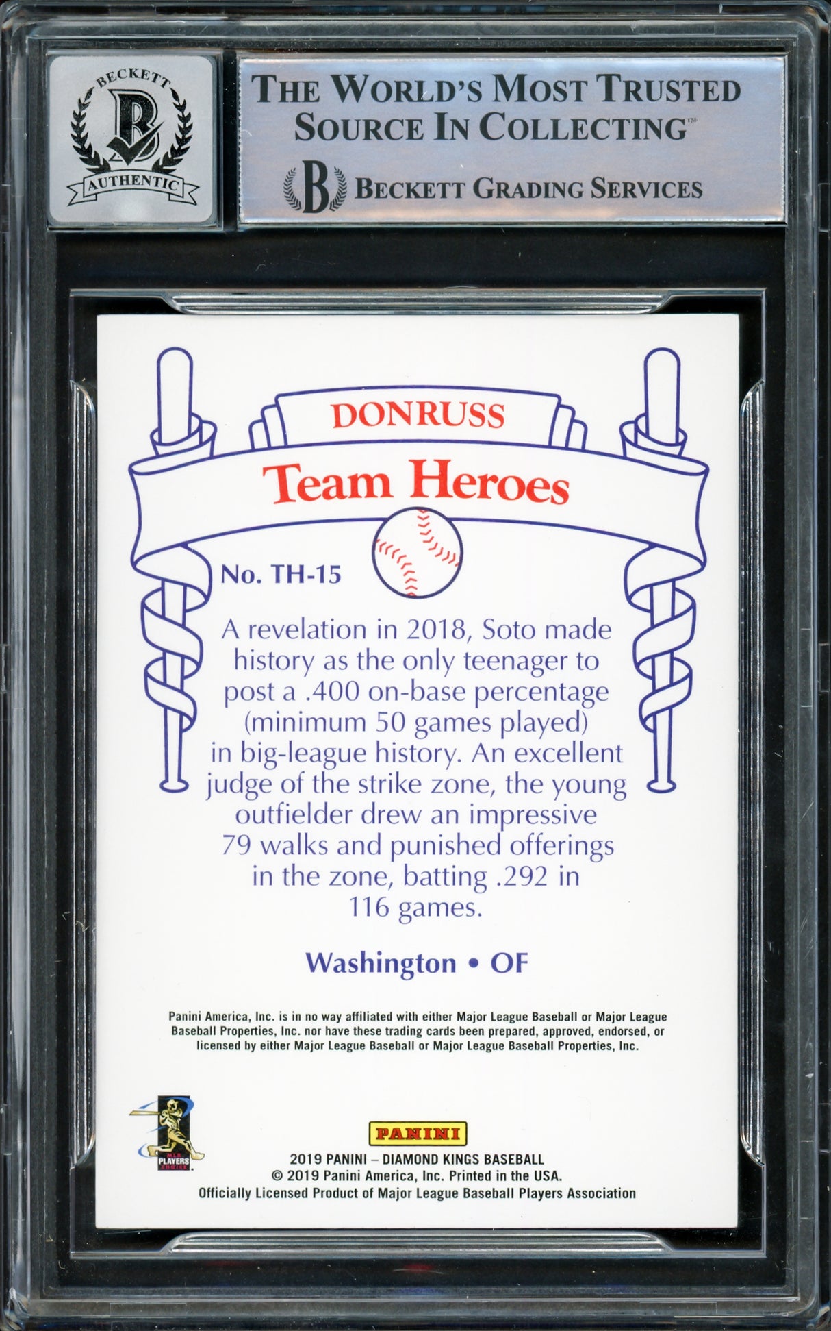 Juan Soto Autographed 2019 Donruss Diamond Kings Team Heroes Card #TH-15 New York Mets Auto Grade Gem Mint 10 Beckett BAS #15860244
