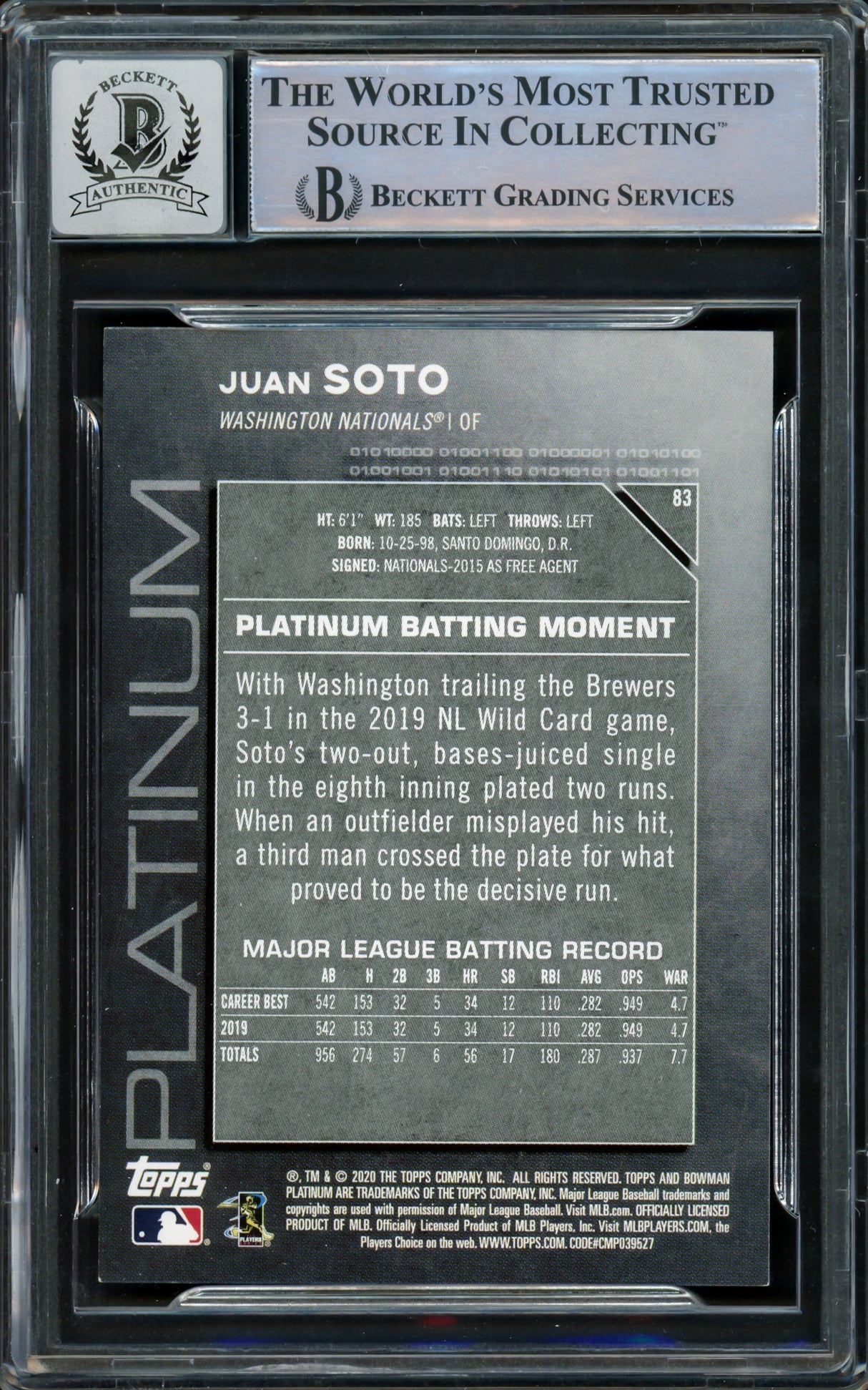 Juan Soto Autographed 2020 Bowman Platinum Card #83 New York Mets Auto Grade Gem Mint 10 Beckett BAS #15860391