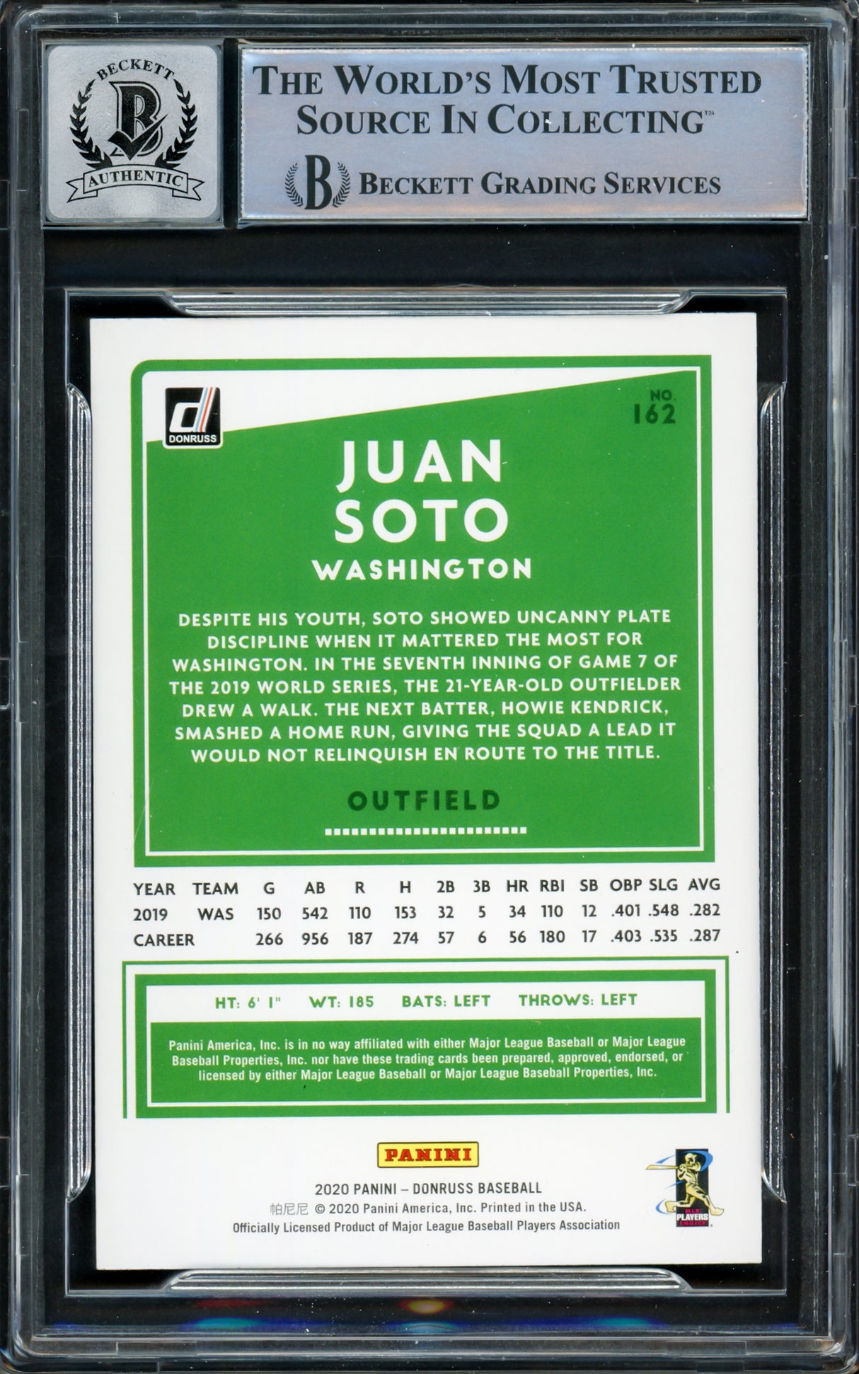 Juan Soto Autographed 2020 Donruss Card #162 New York Mets Auto Grade Gem Mint 10 Beckett BAS #15860393