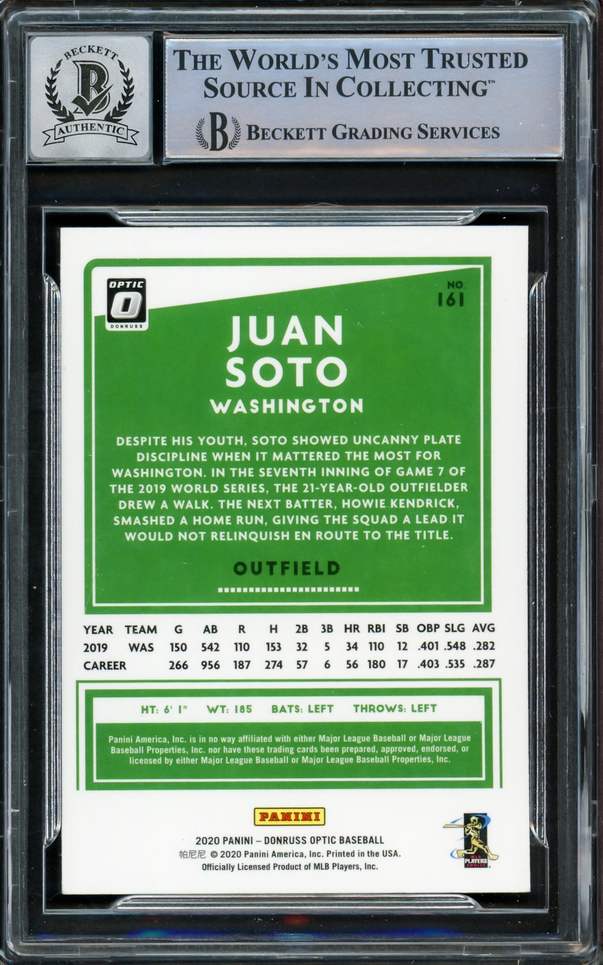 Juan Soto Autographed 2020 Donruss Optic Card #161 New York Mets Auto Grade Gem Mint 10 Beckett BAS #15860395