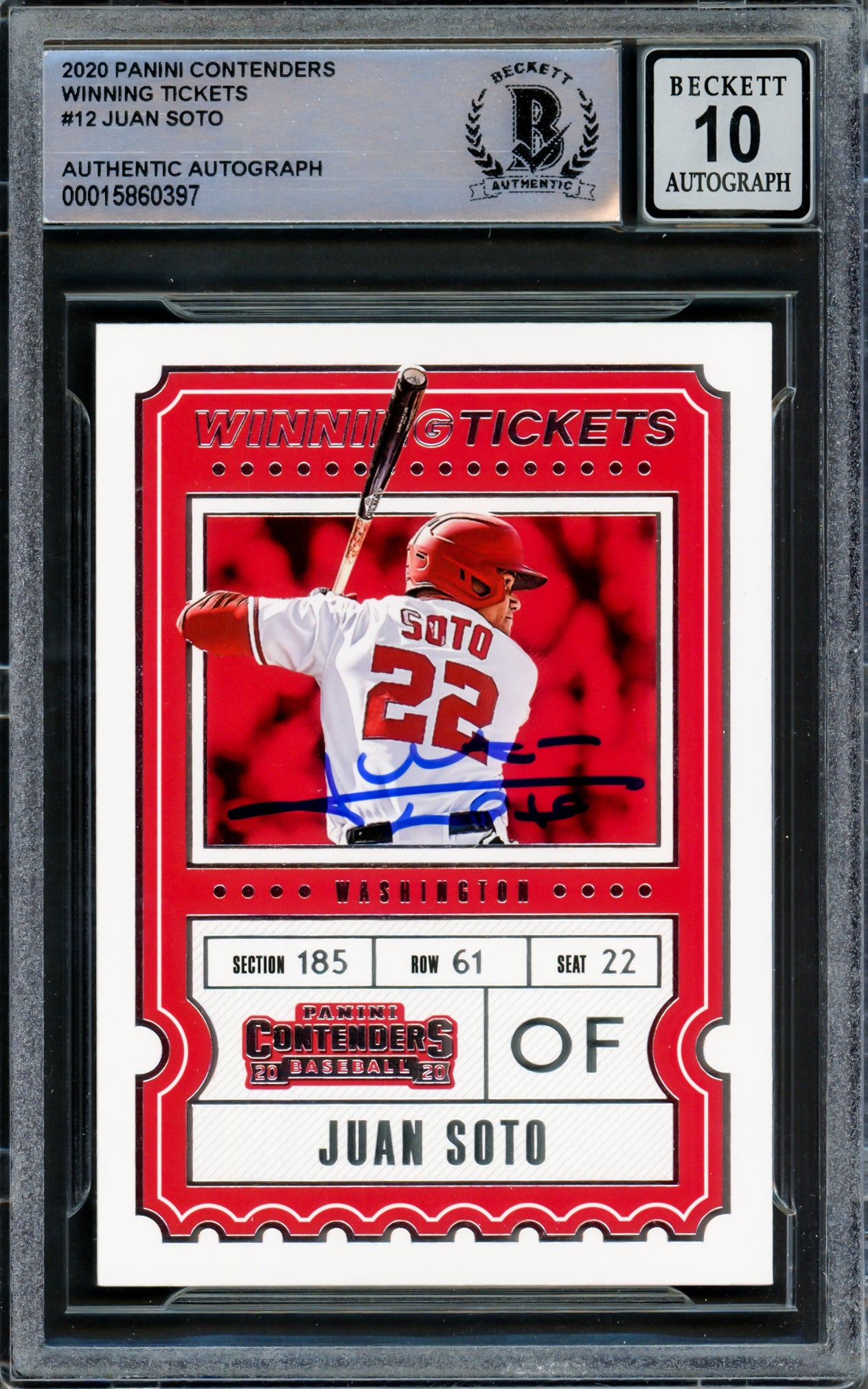 Juan Soto Autographed 2020 Panini Contenders Winning Tickets Card #WT-12 New York Mets Auto Grade Gem Mint 10 Beckett BAS #15860397