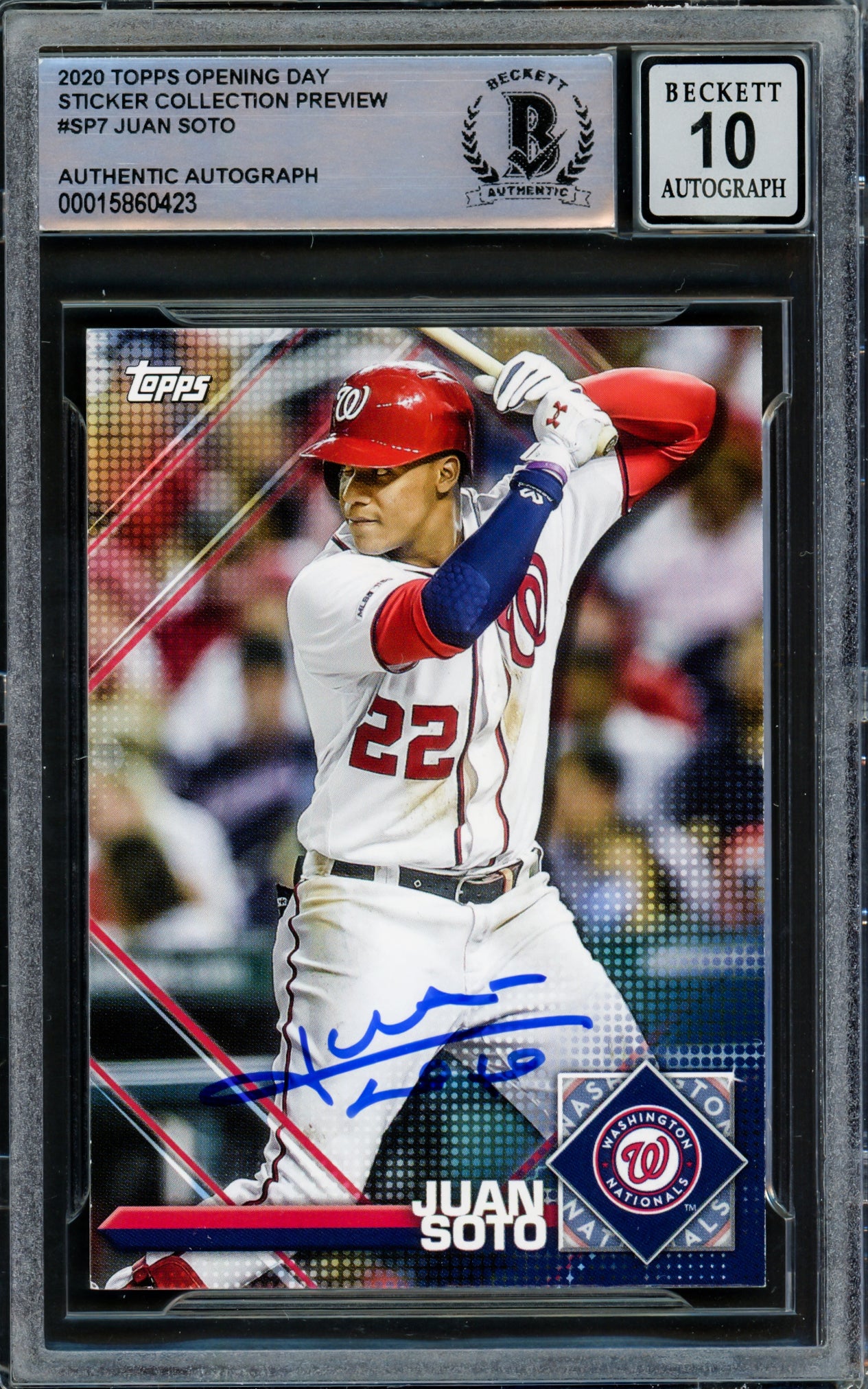 Juan Soto Autographed 2020 Topps Opening Day Sticker Preview Card #SP-7 New York Mets Auto Grade Gem Mint 10 Beckett BAS #15860423