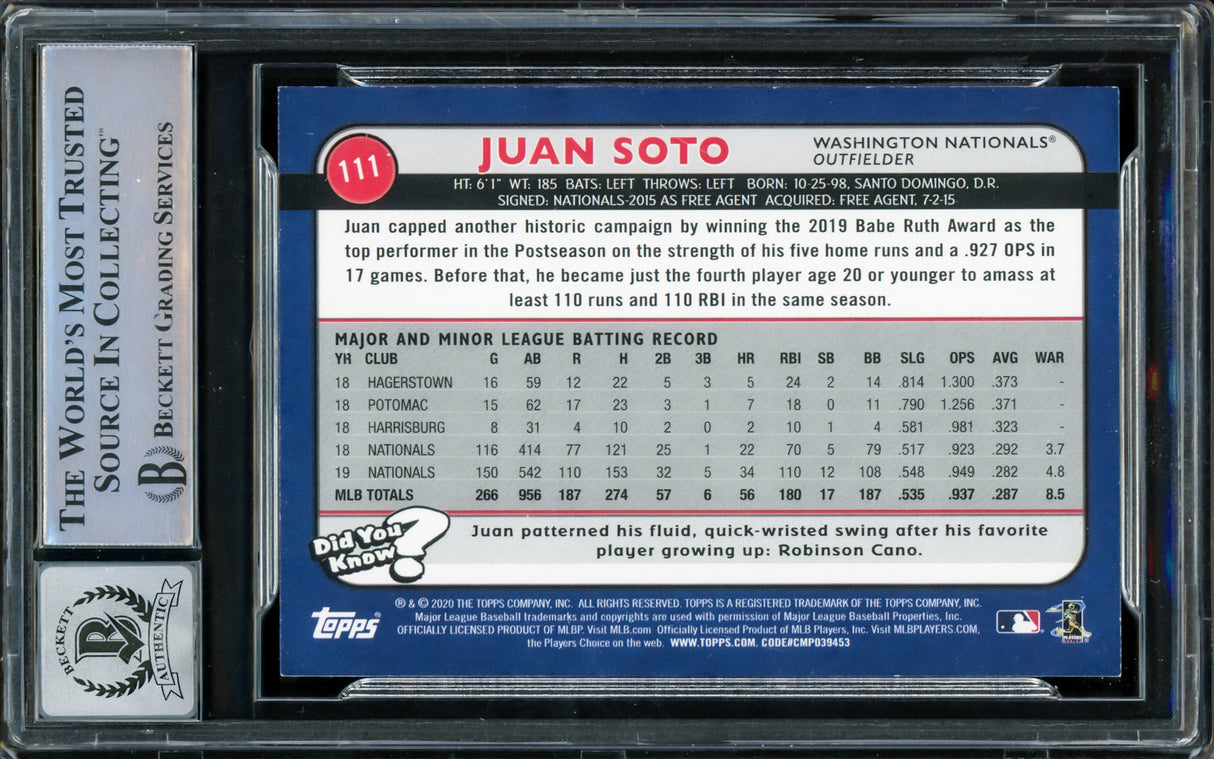 Juan Soto Autographed 2020 Topps Big League Card #111 New York Mets Auto Grade Gem Mint 10 Beckett BAS #15860477