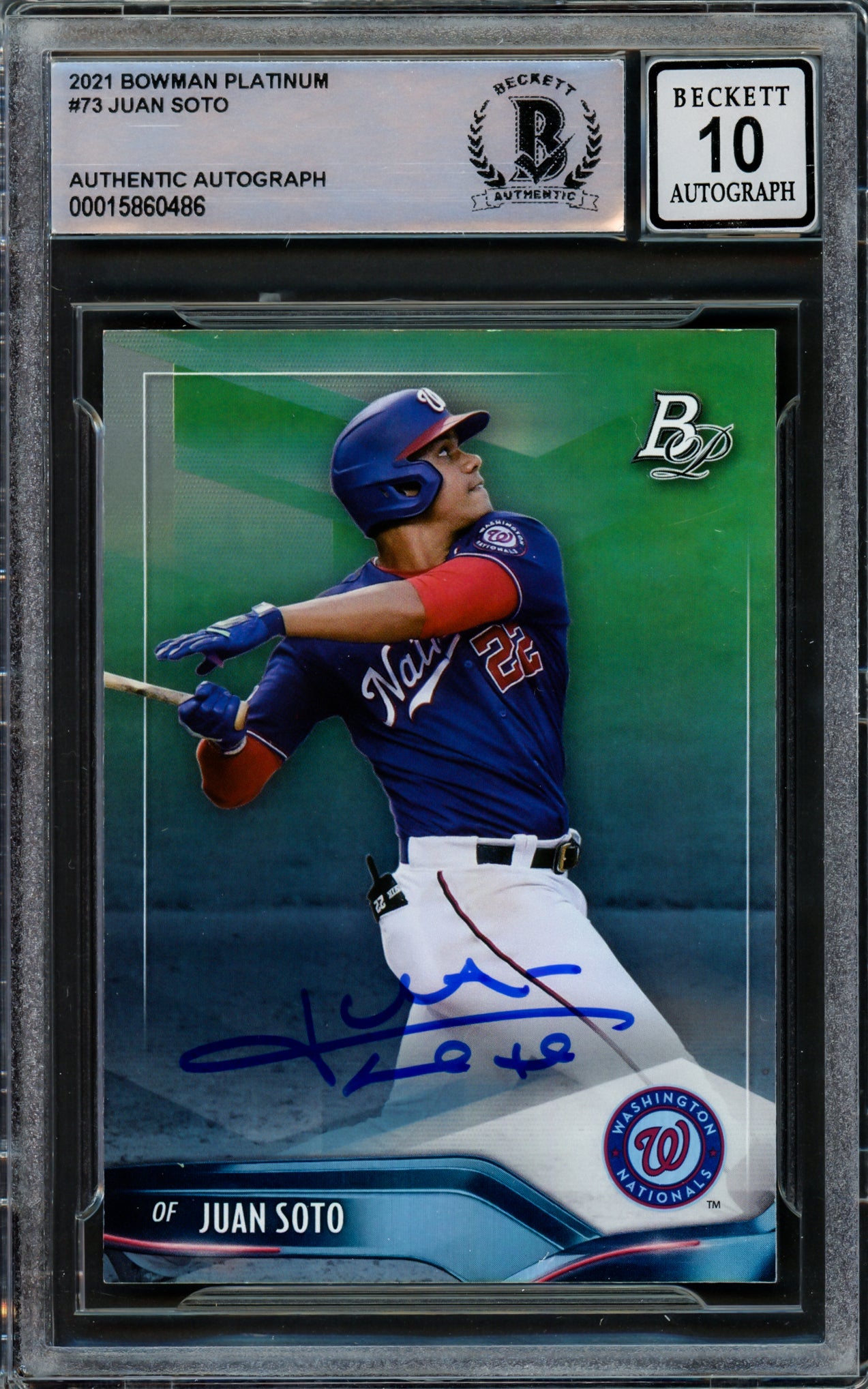 Juan Soto Autographed 2021 Bowman Platinum Card #73 New York Mets Auto Grade Gem Mint 10 Beckett BAS #15860486