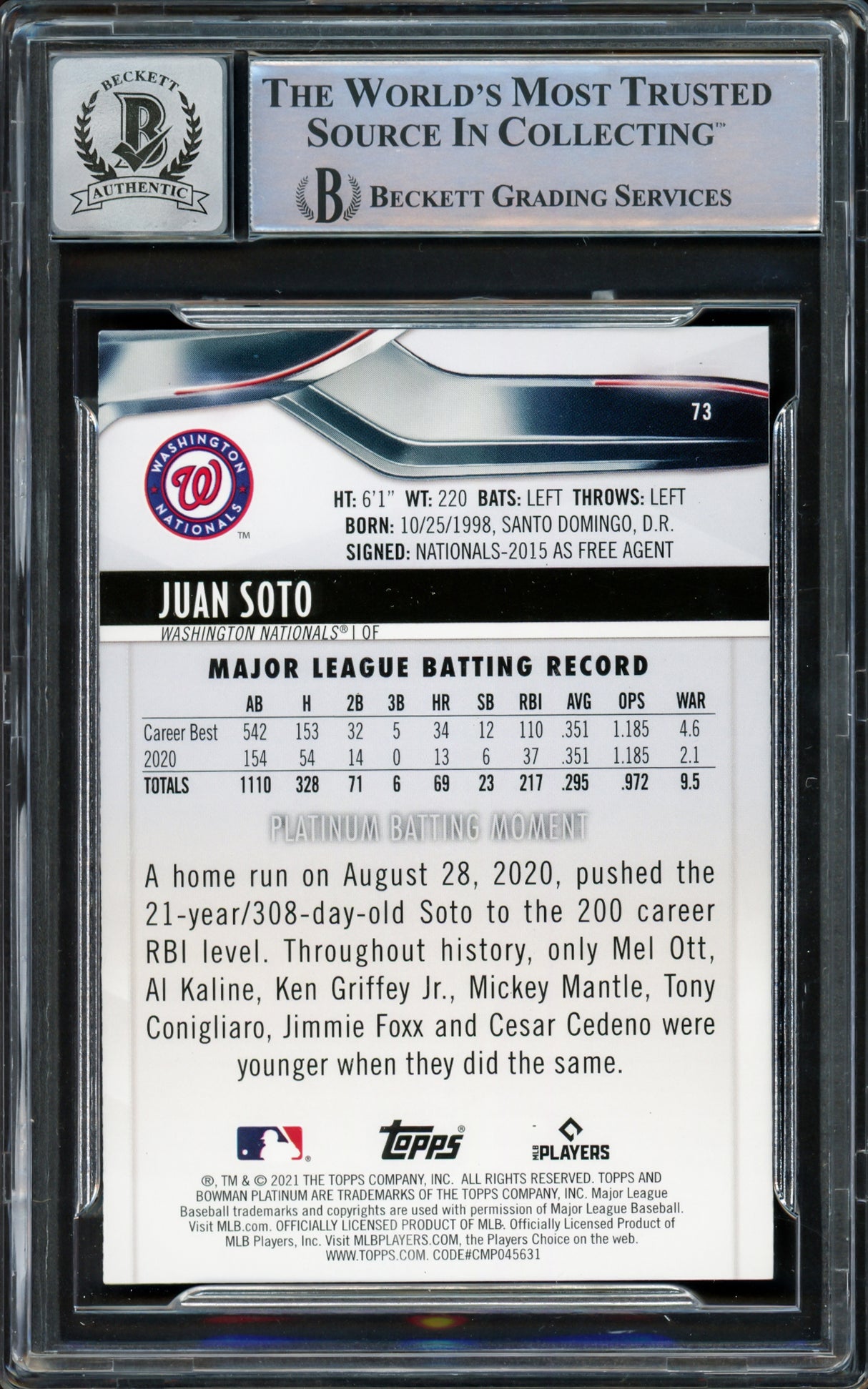 Juan Soto Autographed 2021 Bowman Platinum Card #73 New York Mets Auto Grade Gem Mint 10 Beckett BAS #15860486