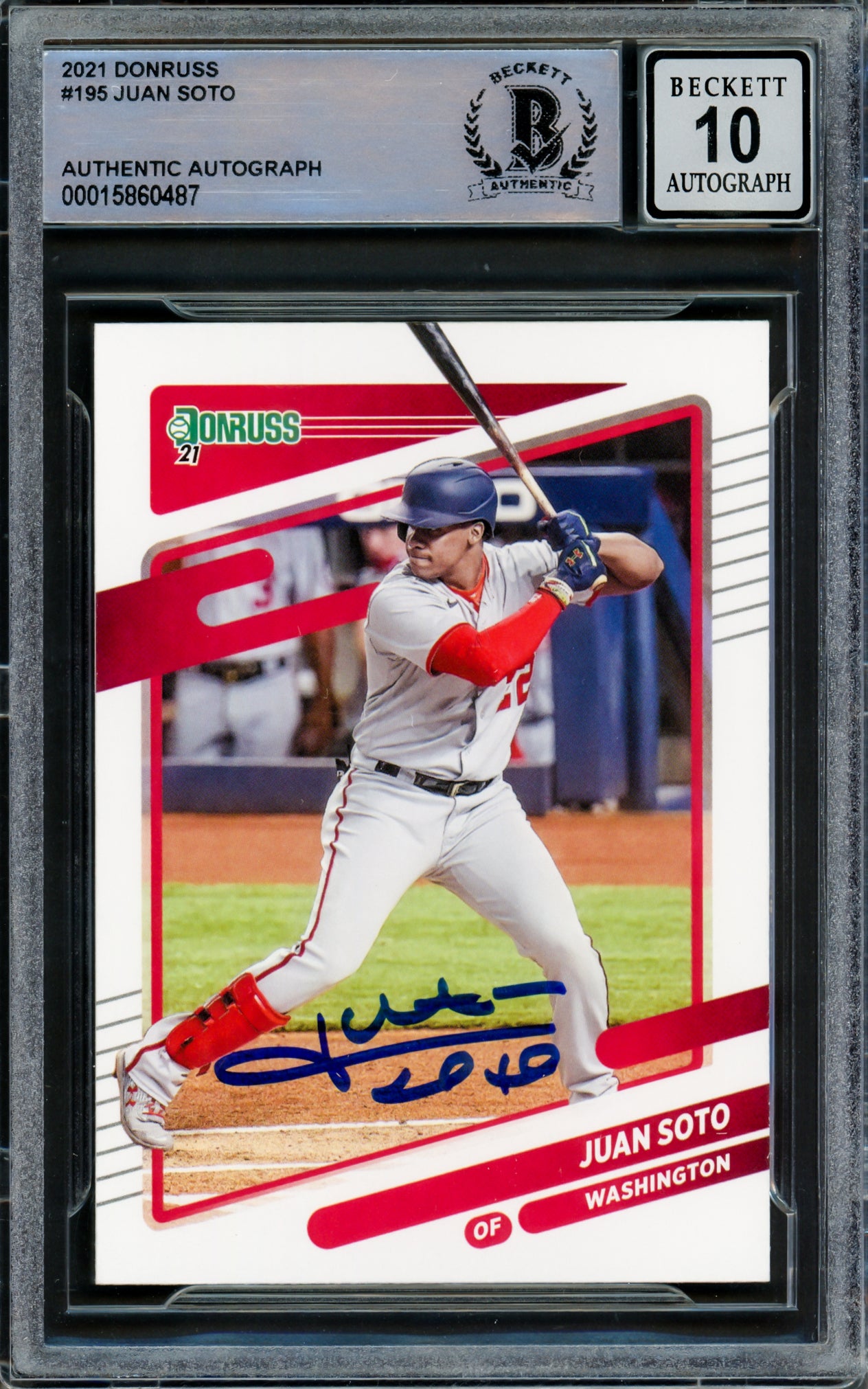 Juan Soto Autographed 2021 Donruss Card #195 New York Mets Auto Grade Gem Mint 10 Beckett BAS #15860487