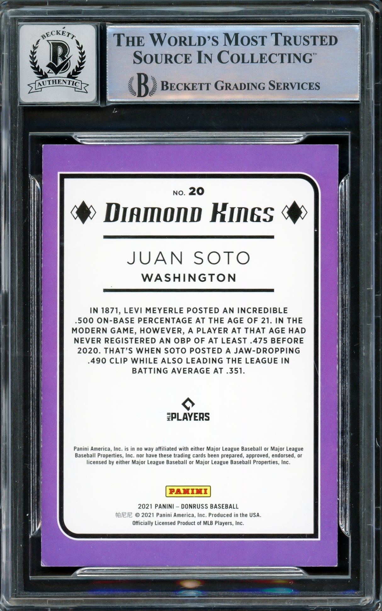 Juan Soto Autographed 2021 Donruss Diamond Kings Card #20 New York Mets Auto Grade Gem Mint 10 Beckett BAS #15860488