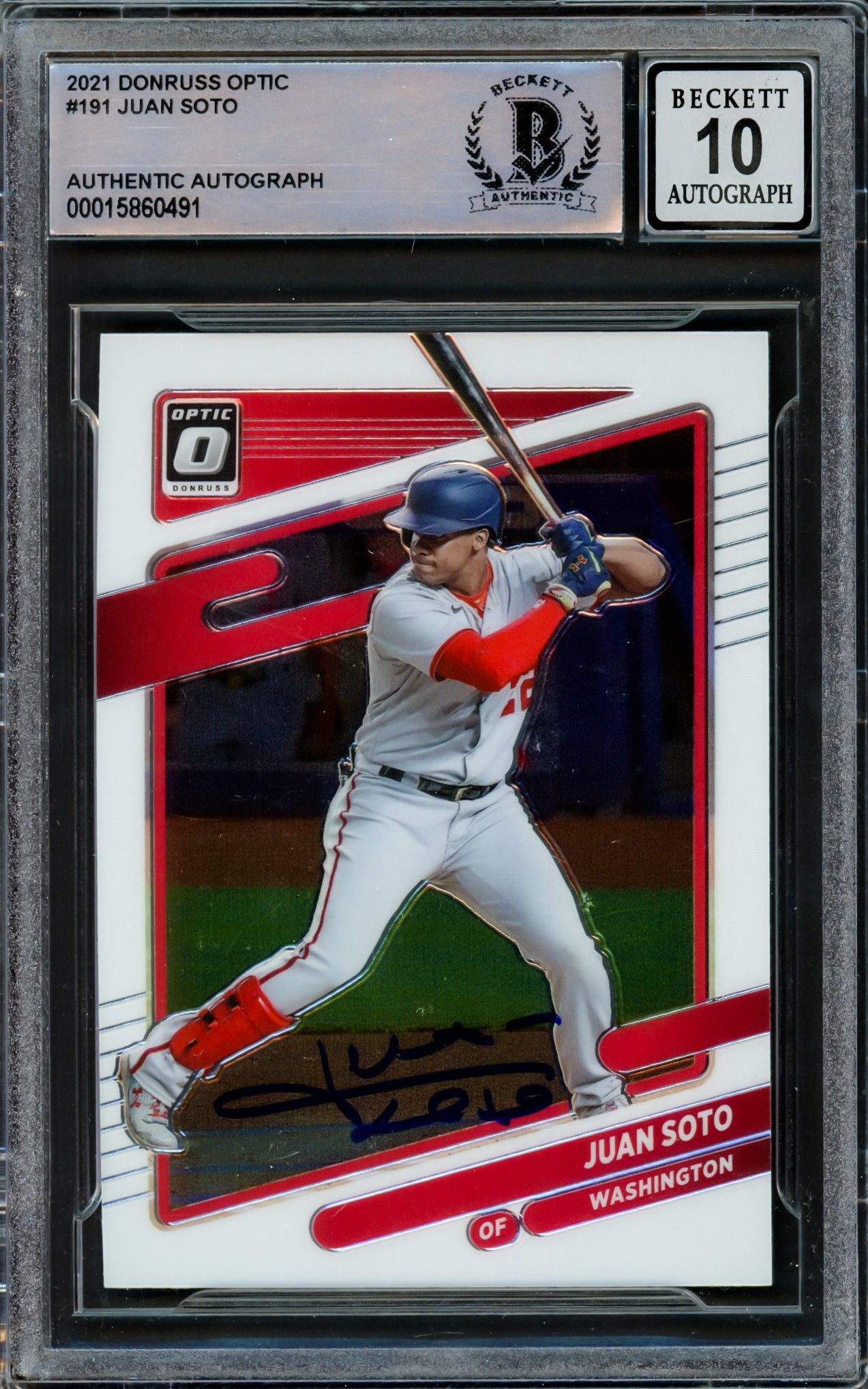 Juan Soto Autographed 2021 Donruss Optic Card #191 New York Mets Auto Grade Gem Mint 10 Beckett BAS #15860491